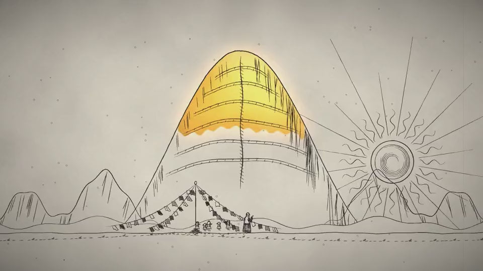 Ink drawing of Kang Rinpoche with its summit turned gold, a still from our film Bard of the Snowlands