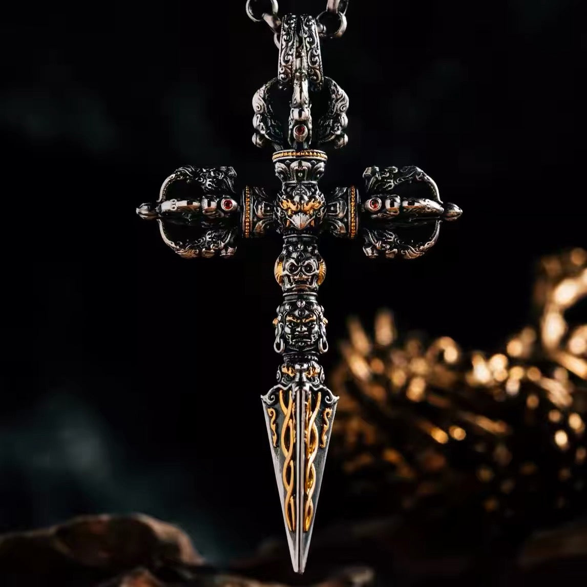 24K fire-gilded phurba pendant in hand-carved S925 sterling silver, gilded garuda, three heads and a three-sided blade with gold serpents