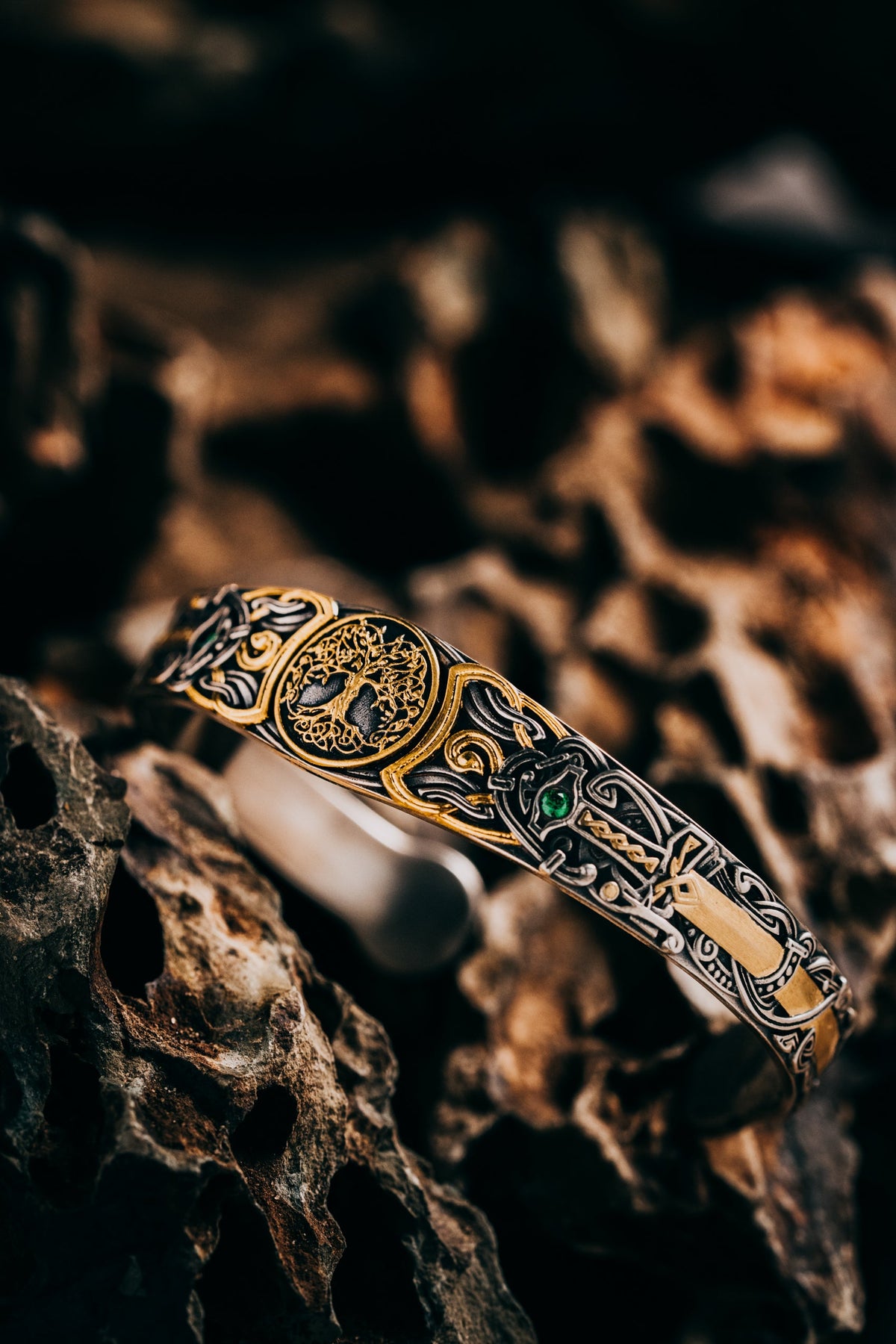 Celtic tree of life cuff bracelet in hand-carved sterling silver, a world tree between two coronation swords