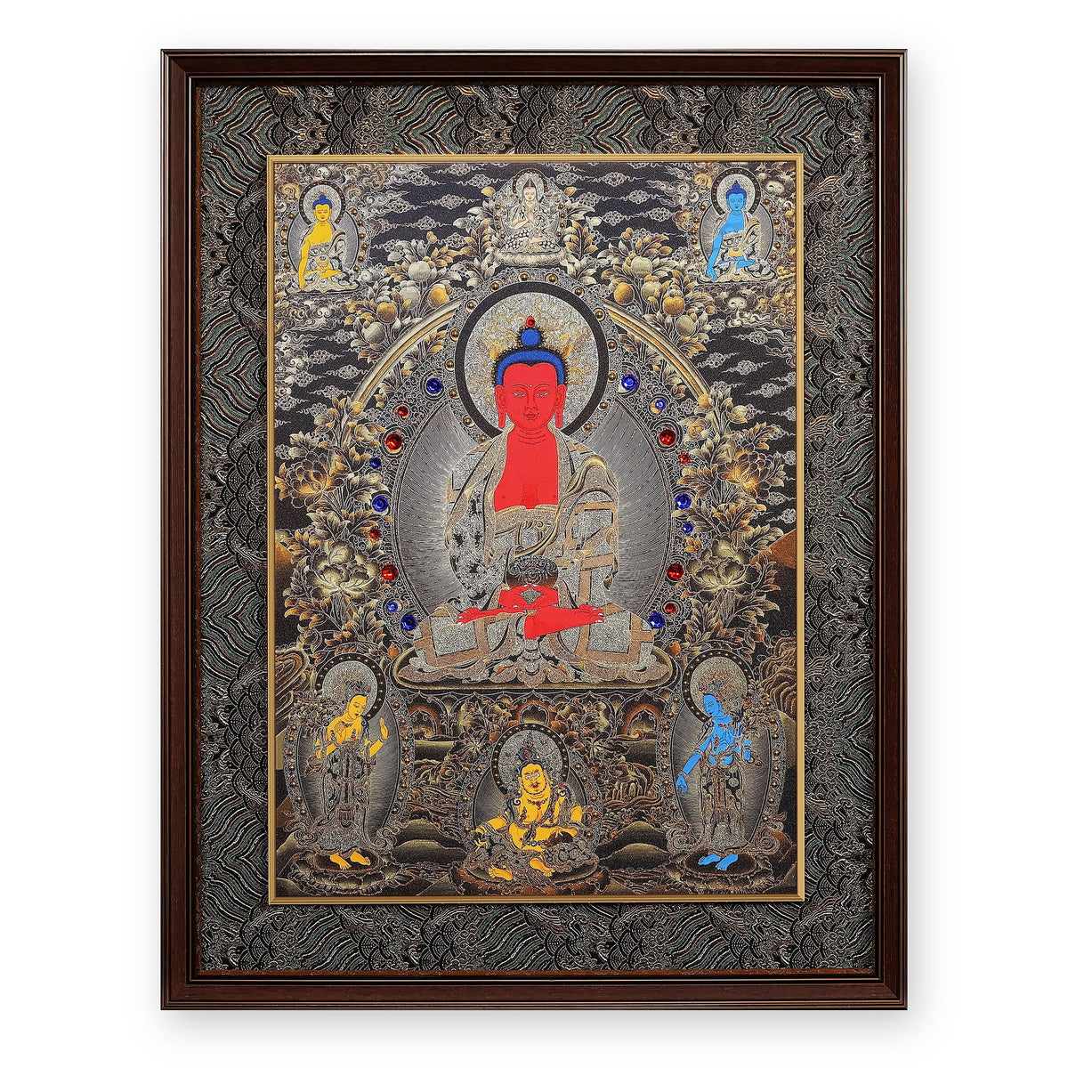 Amitabha thangka with the Three Long-Life Deities above, framed in Ink & Gold silk brocade