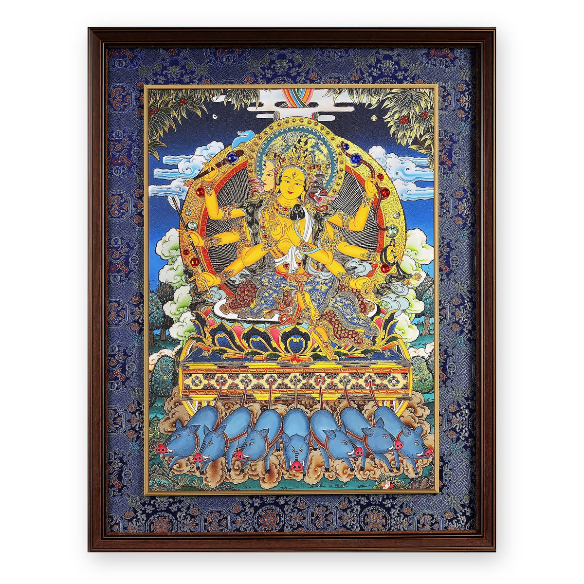 Marici thangka on a chariot drawn by seven blue boars, framed in Night Sky silk brocade, on a white background