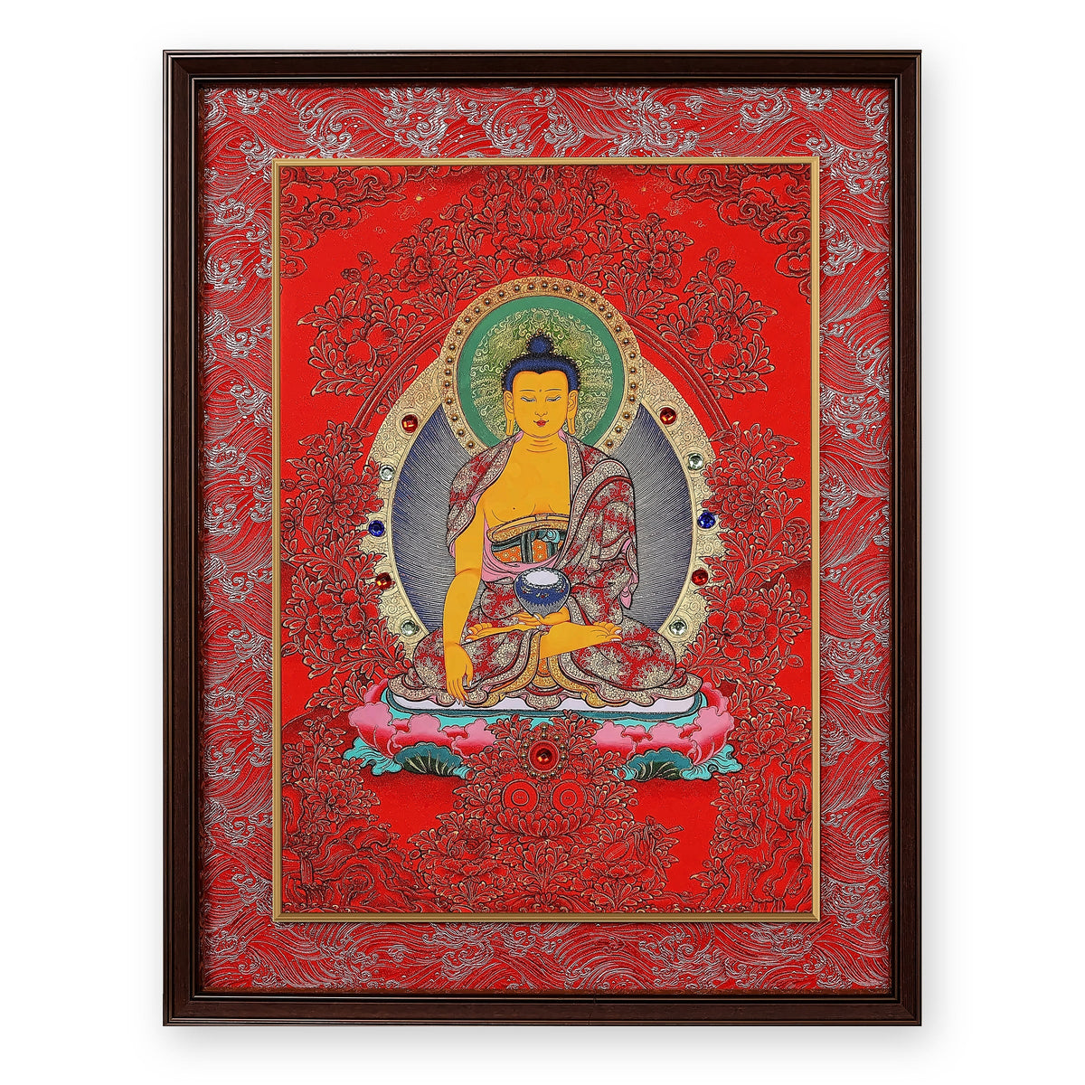 Shakyamuni Buddha thangka in the earth-touching gesture, red ground, Crimson Cloud silk brocade