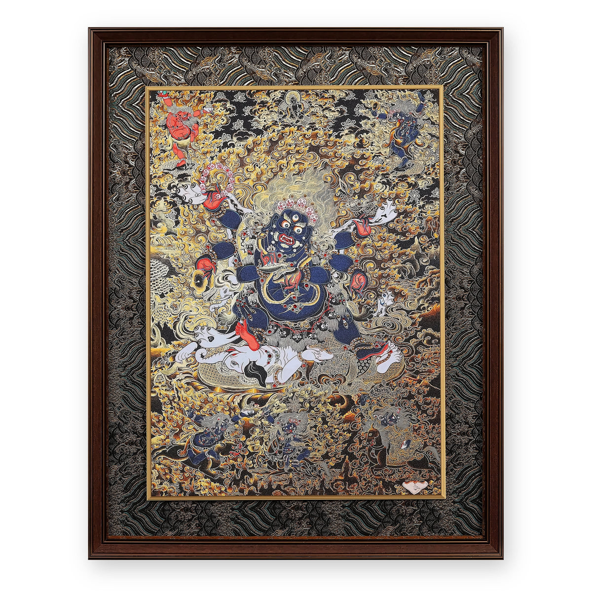 Six-Armed Mahakala black and gold thangka, gold line on a black ground, framed in Ink & Gold silk brocade, on a white background