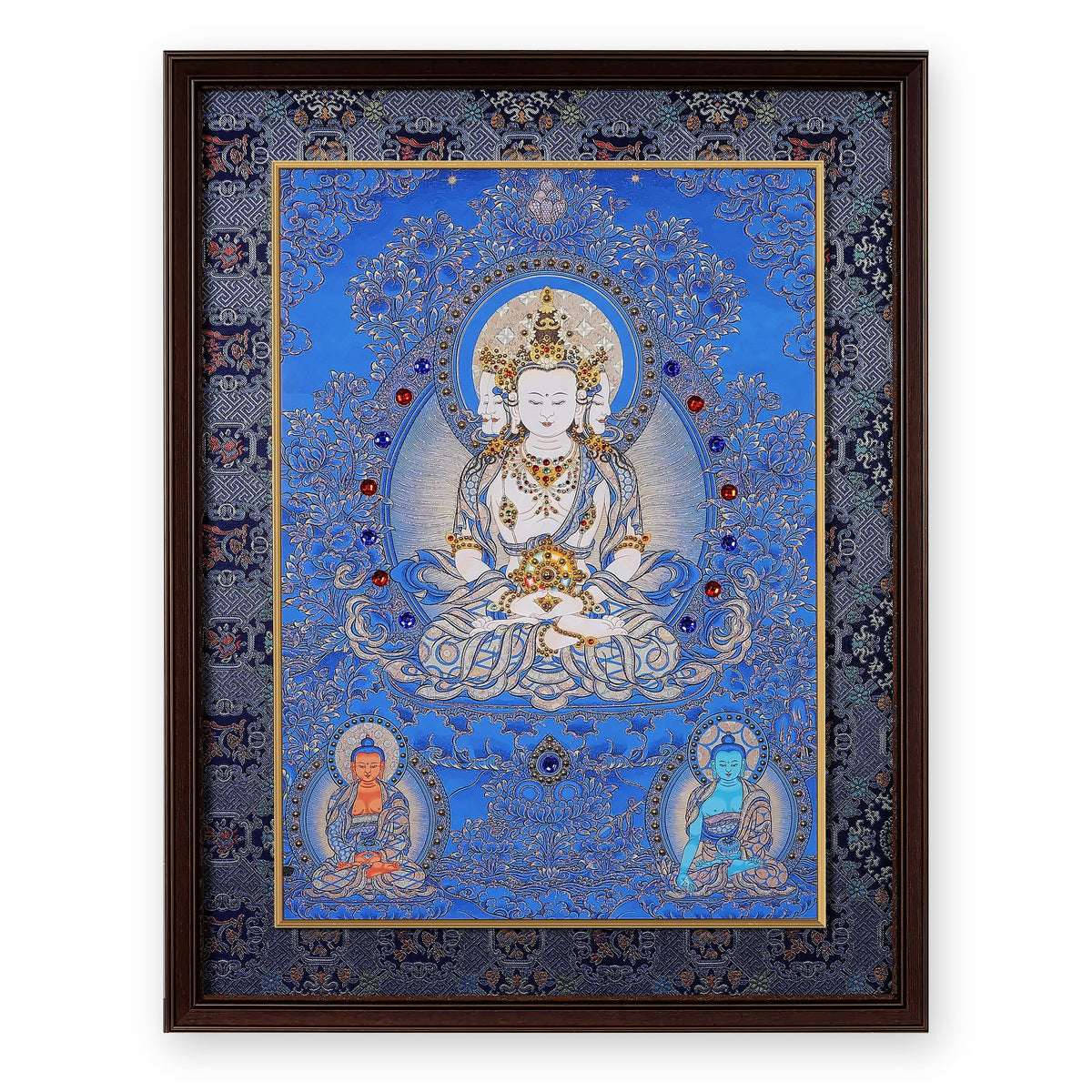 Four-faced Vairocana Buddha thangka on a blue ground, framed in Night Sky silk brocade, on a white background