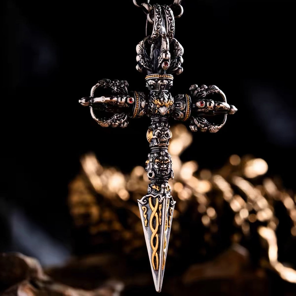 Fire-gilded phurba pendant in hand-carved S925 sterling silver, gold serpents twisting down the blade