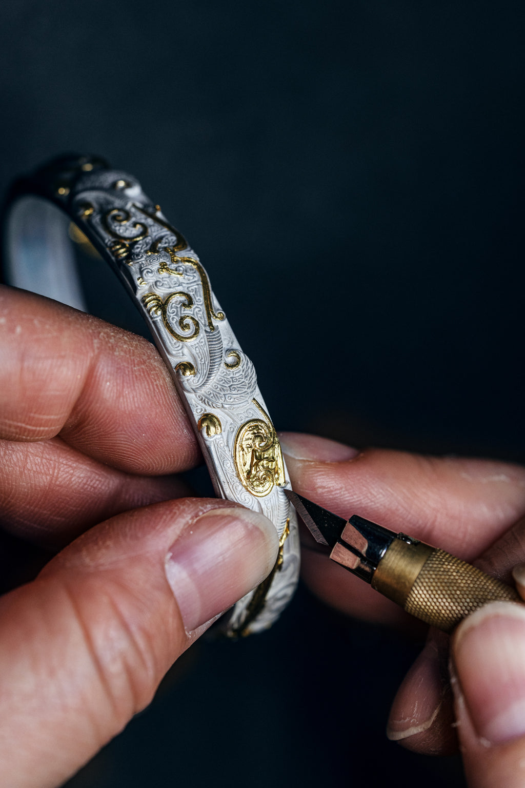 Bronze Beast Taotie Silver Bangle | S925 & 24K Gold | Handmade Ancient Motif Cuff | Unique Bracelet