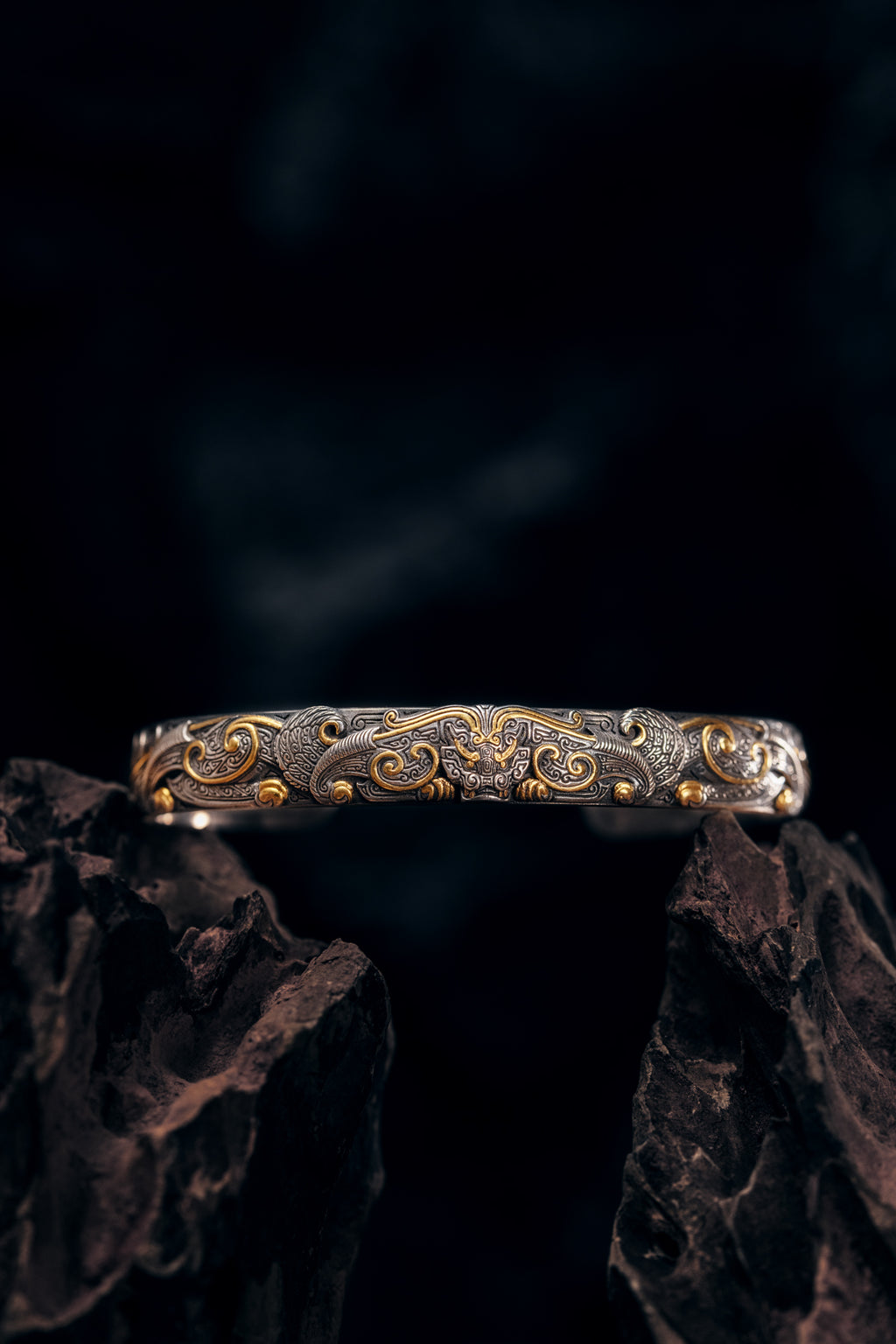 Bronze Beast Taotie Silver Bangle | S925 & 24K Gold | Handmade Ancient Motif Cuff | Unique Bracelet