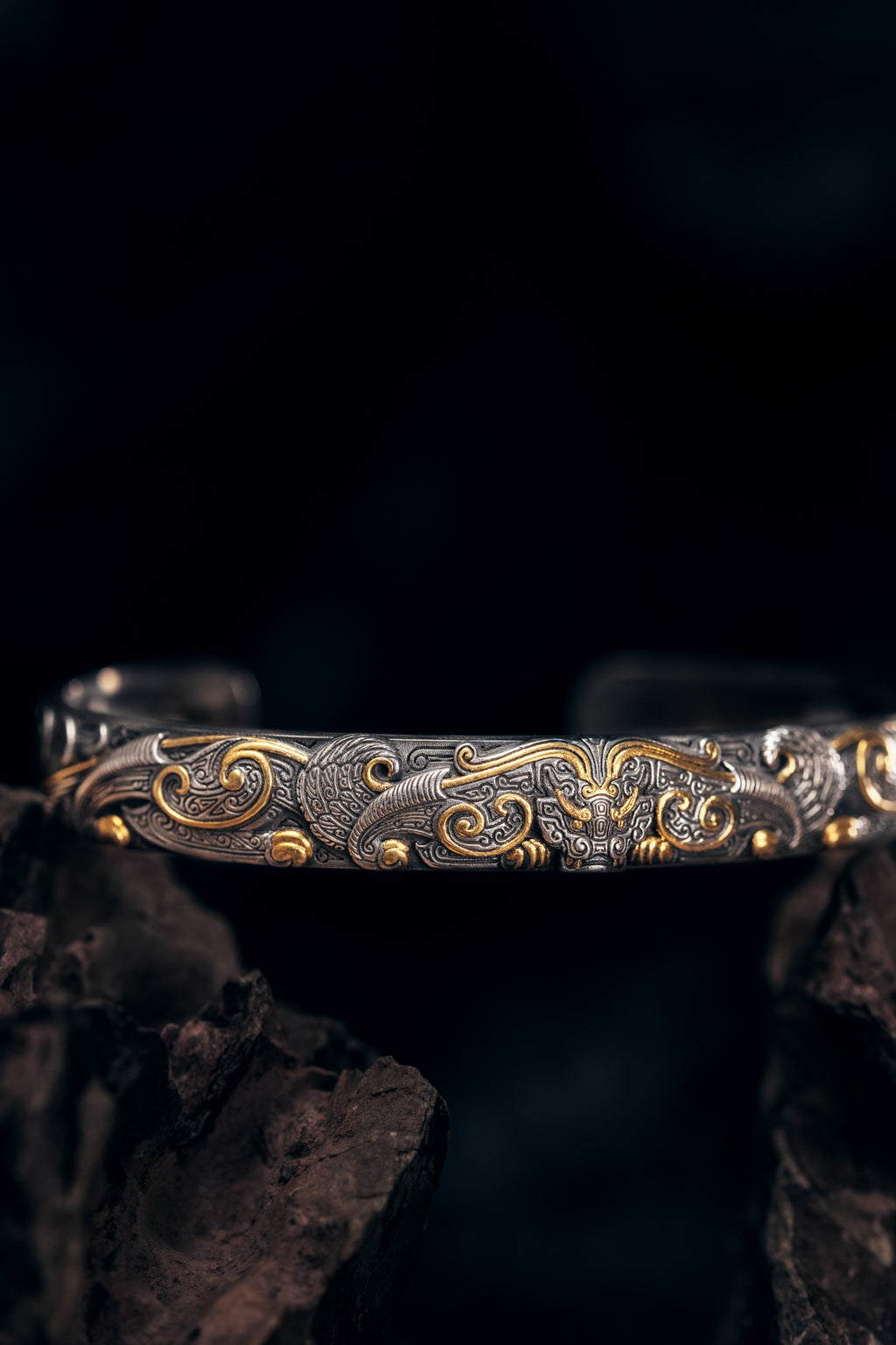 Bronze Beast Taotie Silver Bangle | S925 & 24K Gold | Handmade Ancient Motif Cuff | Unique Bracelet