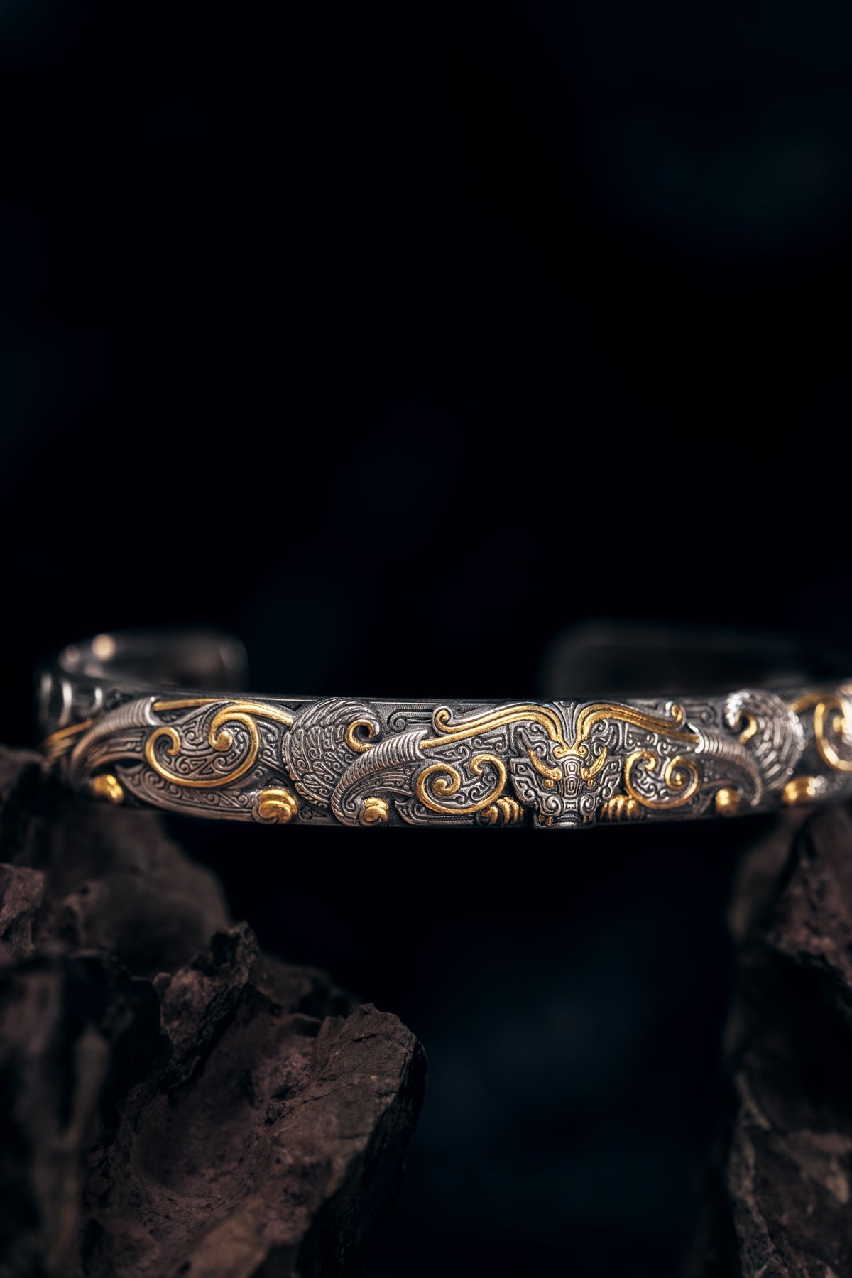 Bronze Beast Taotie Silver Bangle | S925 & 24K Gold | Handmade Ancient Motif Cuff | Unique Bracelet