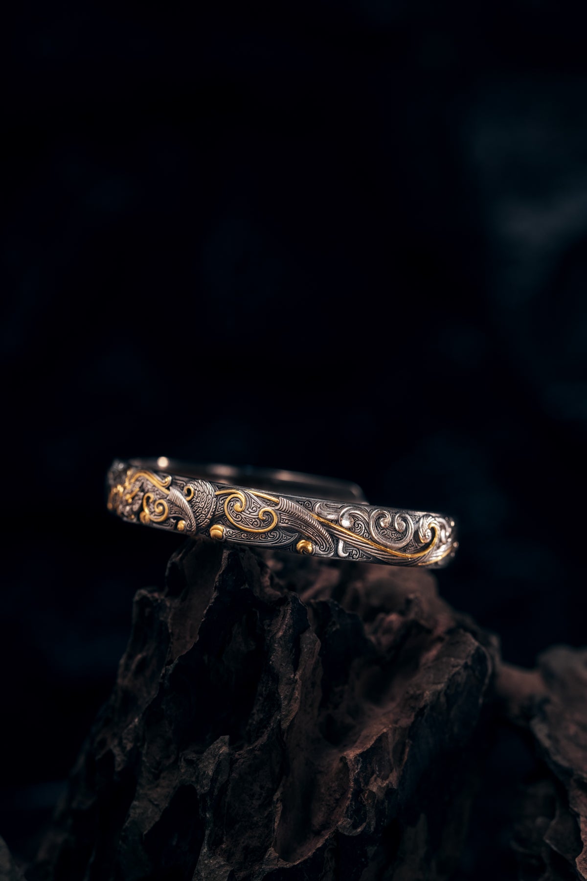 Bronze Beast Taotie Silver Bangle | S925 & 24K Gold | Handmade Ancient Motif Cuff | Unique Bracelet