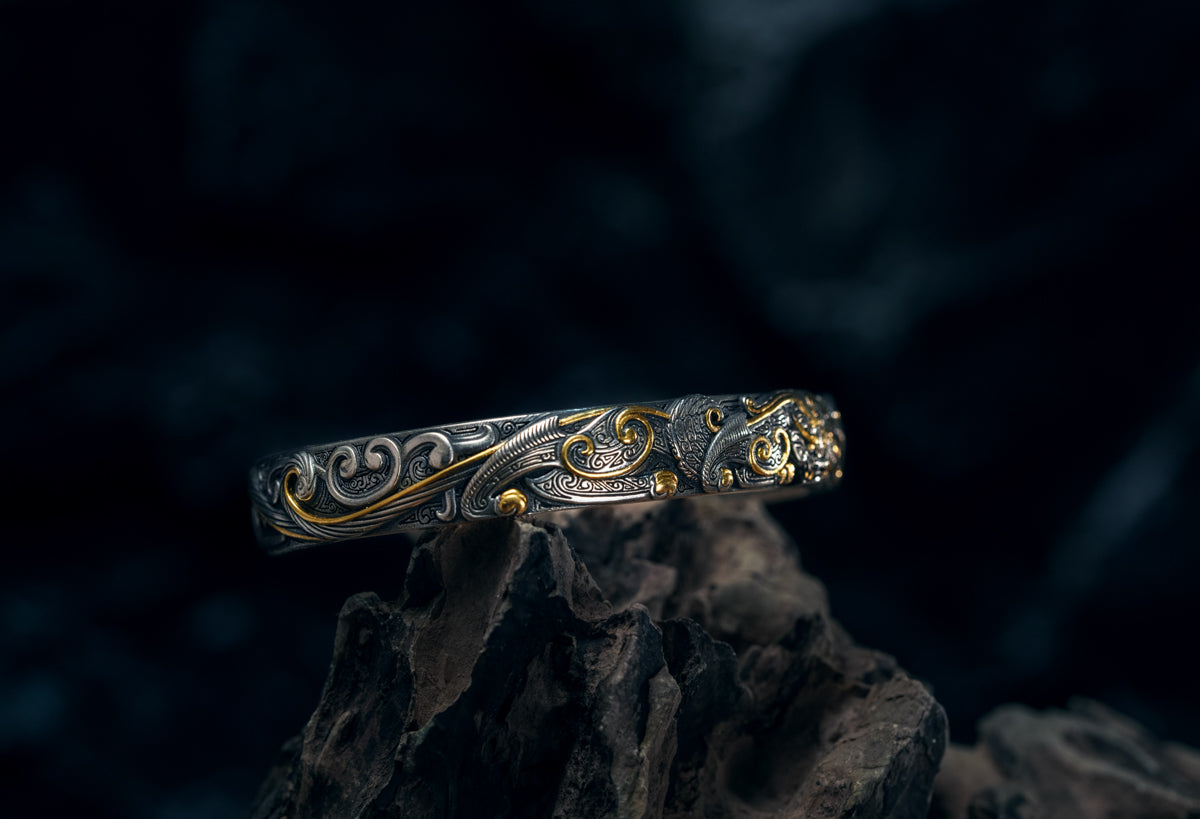 Bronze Beast Taotie Silver Bangle | S925 & 24K Gold | Handmade Ancient Motif Cuff | Unique Bracelet