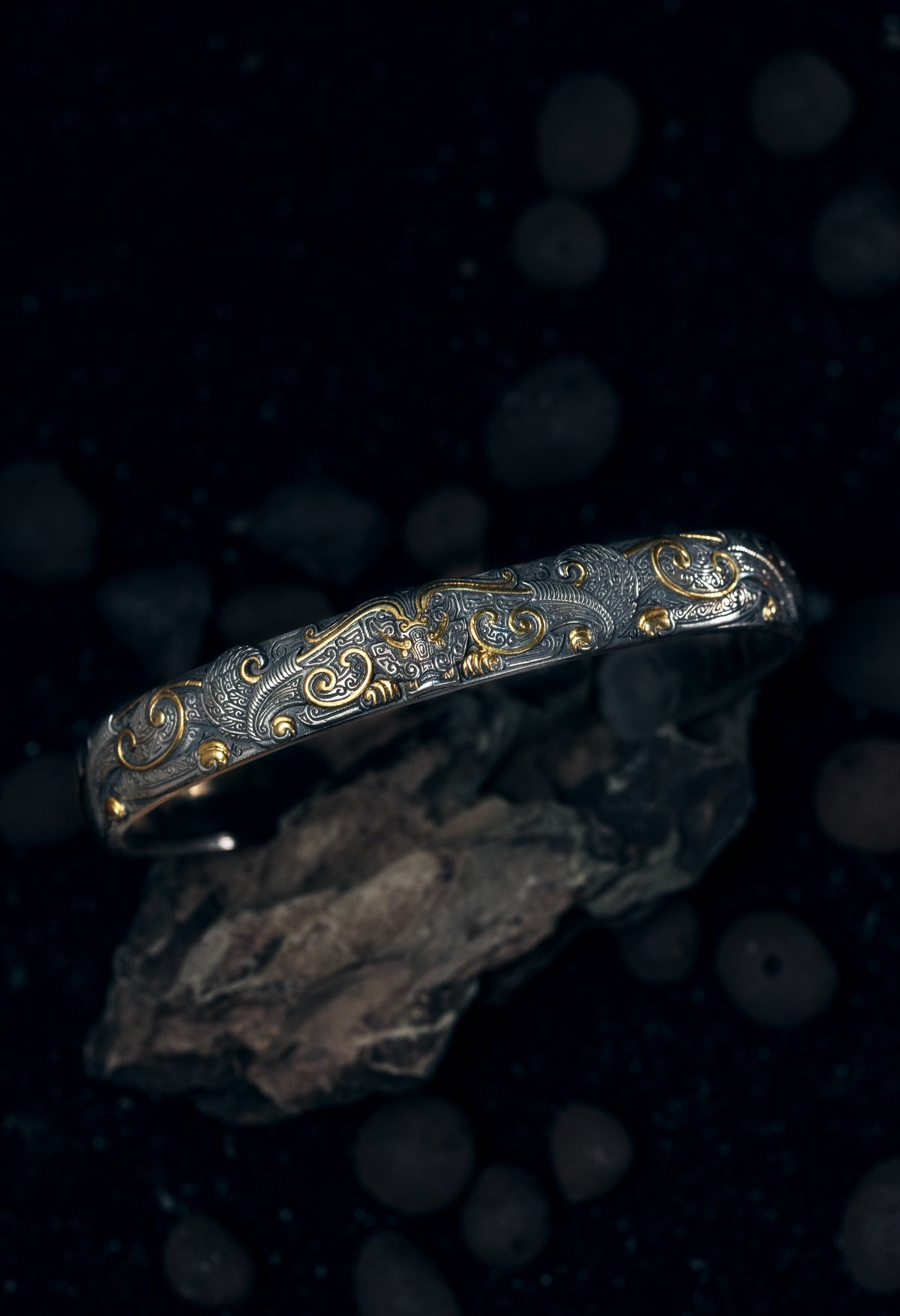 Bronze Beast Taotie Silver Bangle | S925 & 24K Gold | Handmade Ancient Motif Cuff | Unique Bracelet