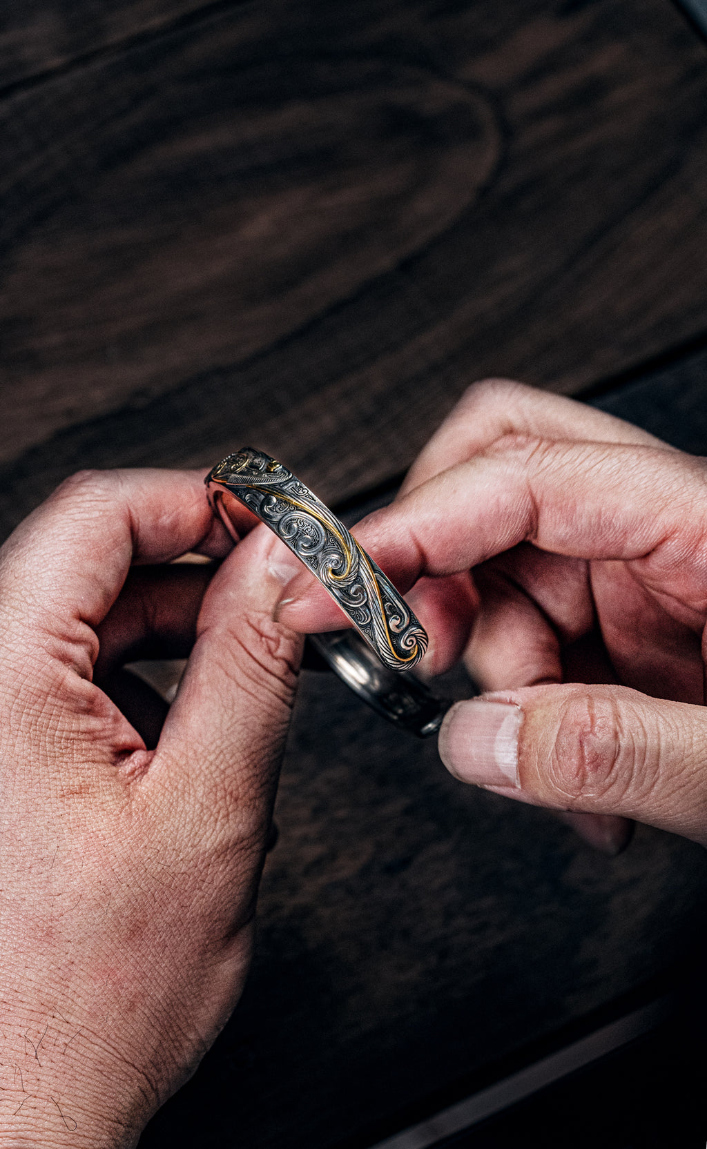 Bronze Beast Taotie Silver Bangle | S925 & 24K Gold | Handmade Ancient Motif Cuff | Unique Bracelet