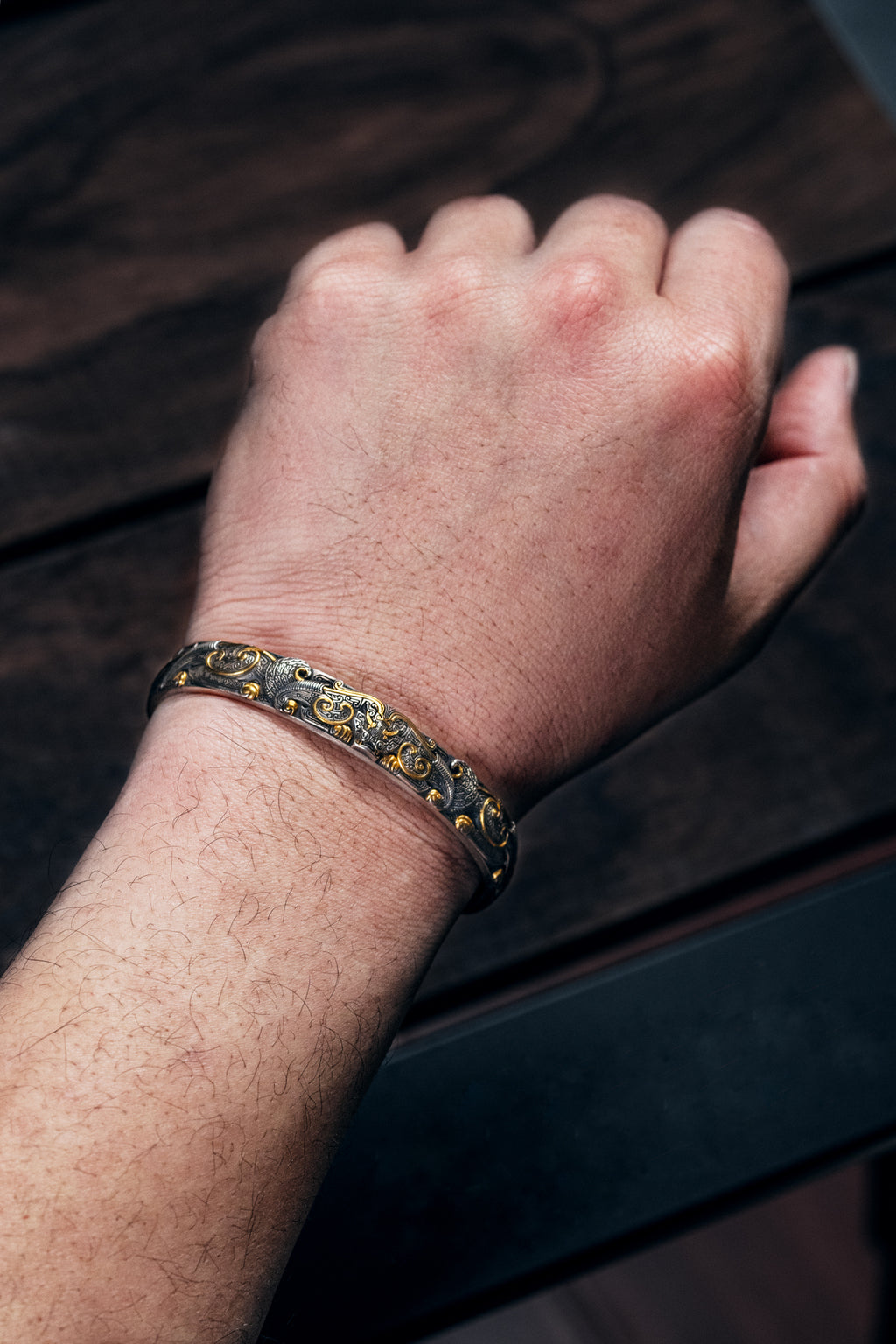 Bronze Beast Taotie Silver Bangle | S925 & 24K Gold | Handmade Ancient Motif Cuff | Unique Bracelet