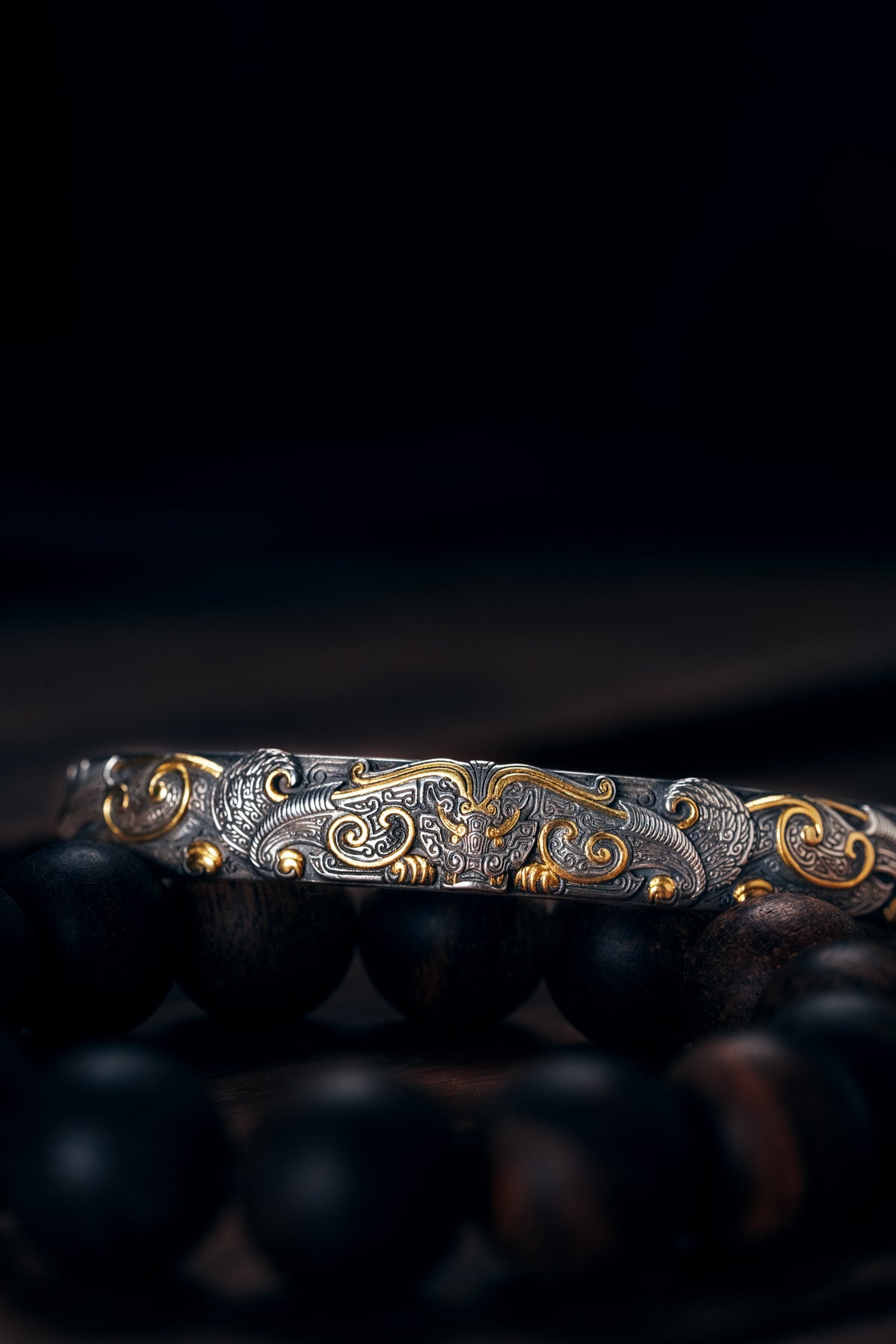 Bronze Beast Taotie Silver Bangle | S925 & 24K Gold | Handmade Ancient Motif Cuff | Unique Bracelet