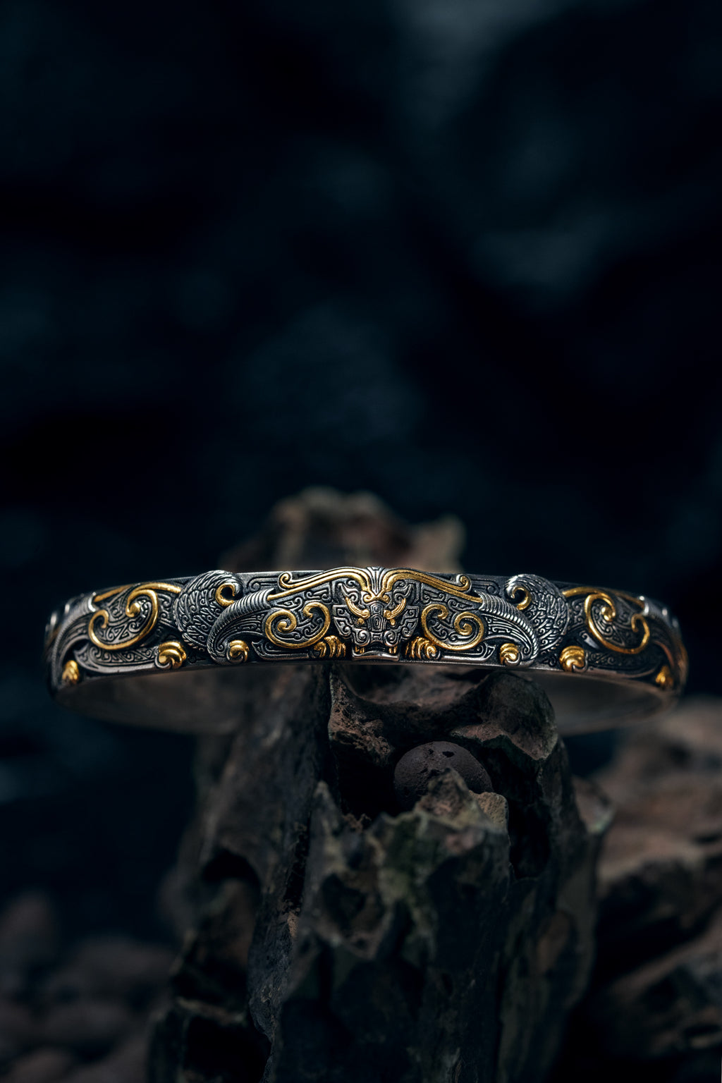 Bronze Beast Taotie Silver Bangle | S925 & 24K Gold | Handmade Ancient Motif Cuff | Unique Bracelet