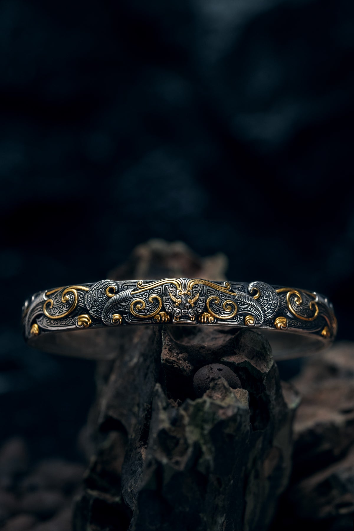 Bronze Beast Taotie Silver Bangle | S925 & 24K Gold | Handmade Ancient Motif Cuff | Unique Bracelet