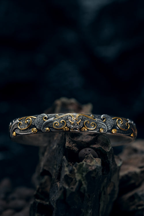 Bronze Beast Taotie Silver Bangle | S925 & 24K Gold | Handmade Ancient Motif Cuff | Unique Bracelet