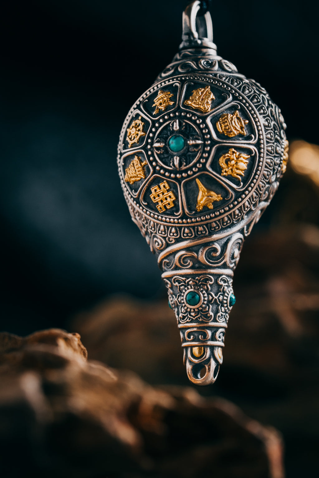 Dharma Conch Shell Silver Pendant | S925 & 24K Gold Plated | Tibetan Buddhist Jewelry | Eight Auspicious Symbols | Spiritual Gift