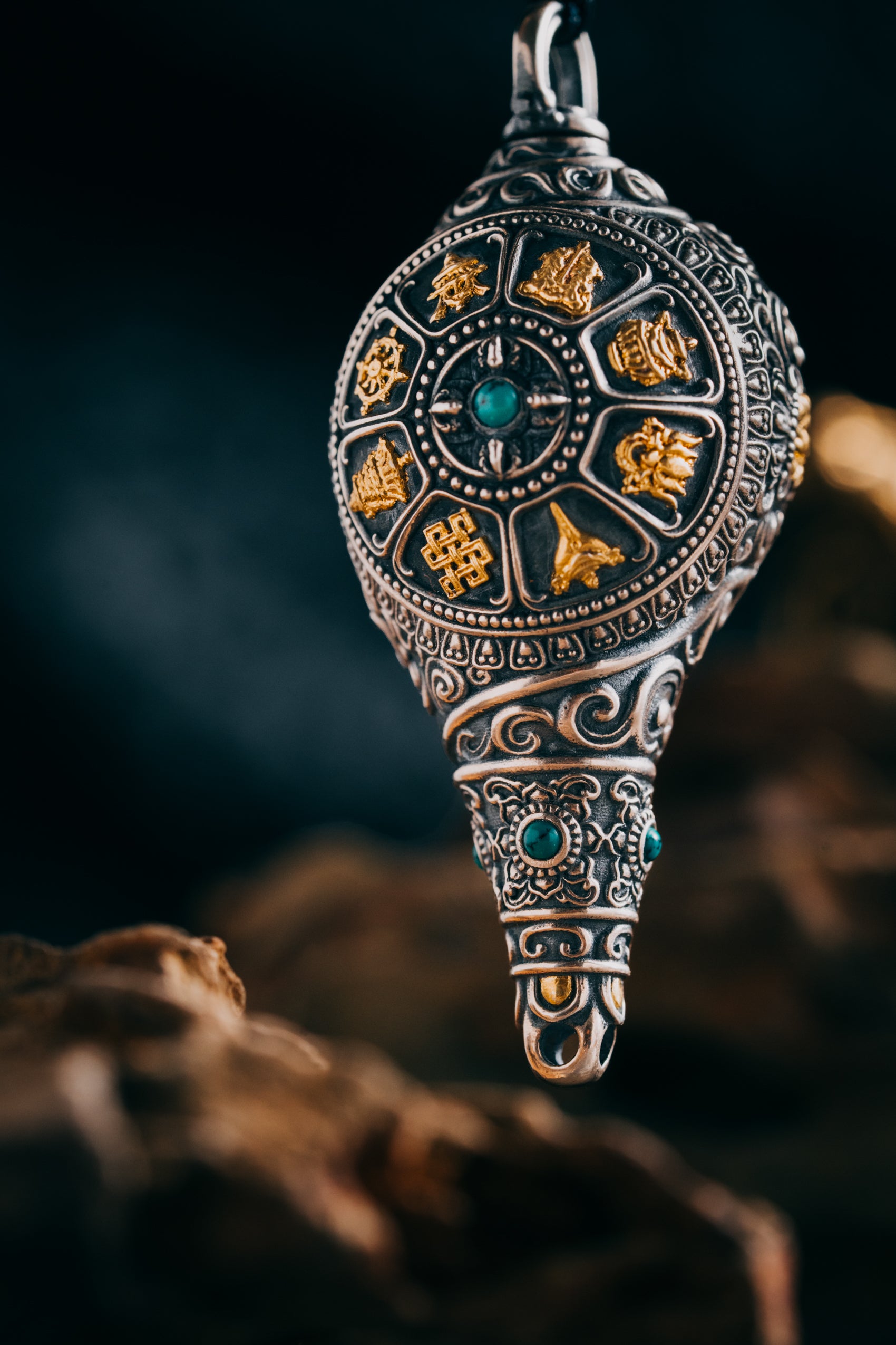 Dharma Conch Shell Silver Pendant | S925 & 24K Gold Plated | Tibetan Buddhist Jewelry | Eight Auspicious Symbols | Spiritual Gift