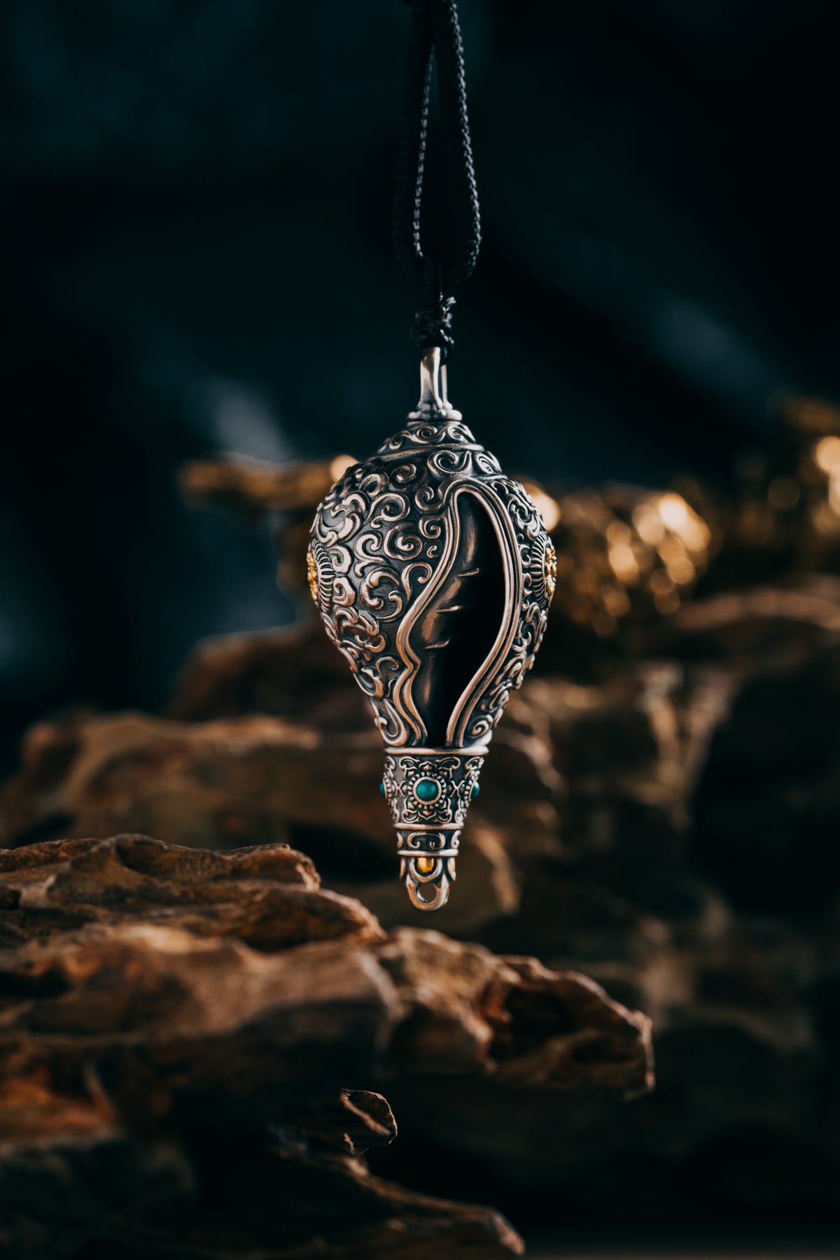 Dharma Conch Shell Silver Pendant | S925 & 24K Gold Plated | Tibetan Buddhist Jewelry | Eight Auspicious Symbols | Spiritual Gift