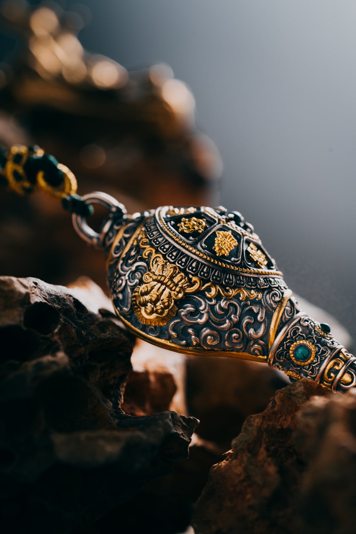 Dharma Conch Shell Silver Pendant | S925 & 24K Gold Plated | Tibetan Buddhist Jewelry | Eight Auspicious Symbols | Spiritual Gift