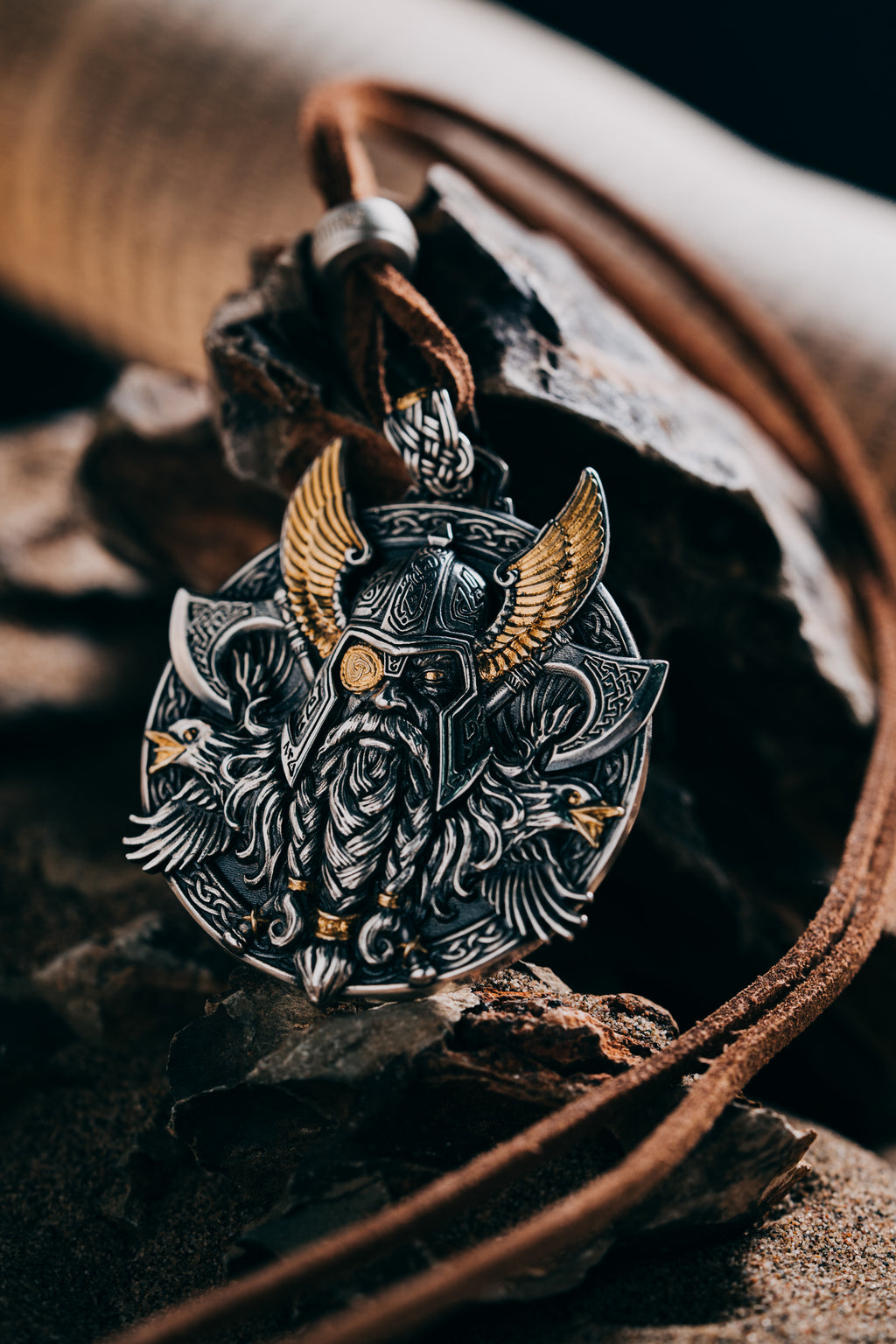 Odin Pendant Necklace – S925 Silver & 24K Gold, Norse Viking Jewelry, Men's Gift