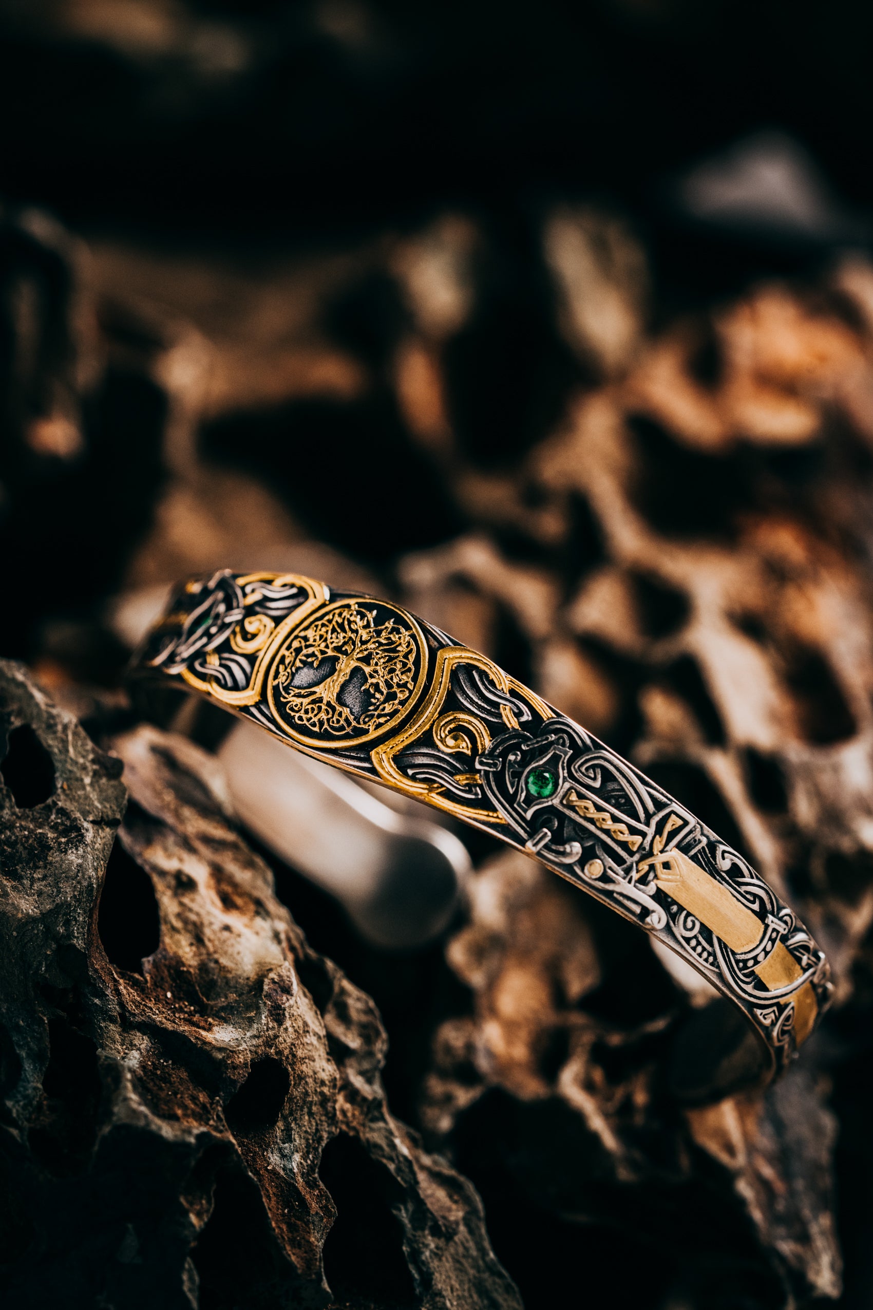 Son of the Forest Silver Bangle | S925 & 24K Gold Plated | Handcrafted Nordic Viking Jewelry Gift