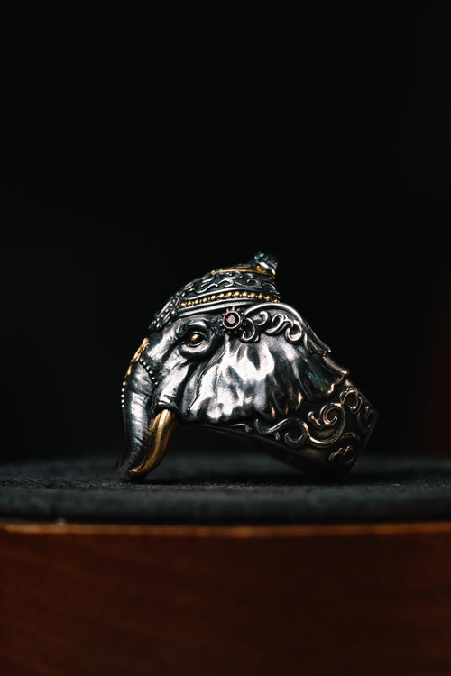 Broken Tusk Ganesha Ring | S925 Silver & 24K Gold Plated | Handmade Buddhist Jewelry | Spiritual Gift for Him