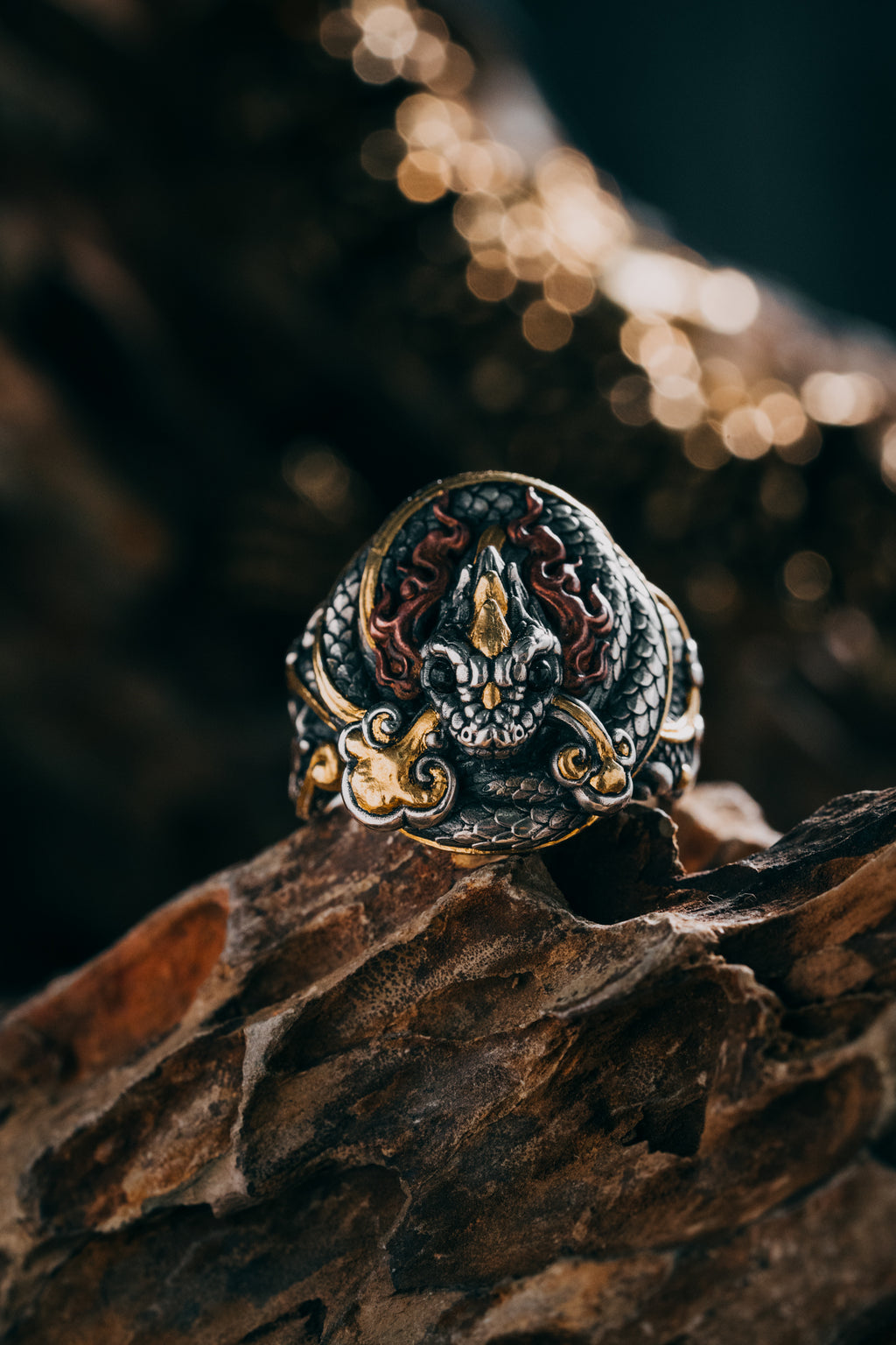 Sacred Snake Ring | S925 Silver & 24K Gold | Handcrafted Serpent Amulet | Mystical Protection Jewelry
