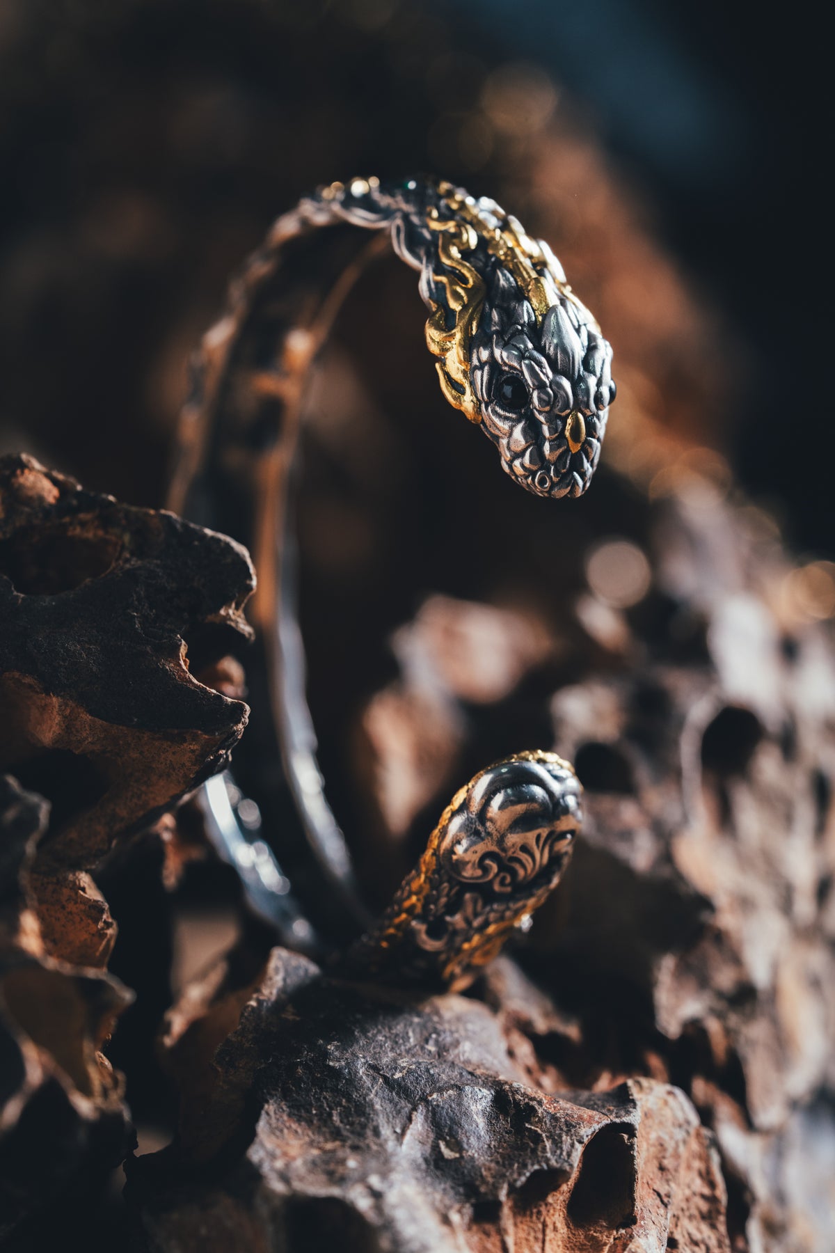 Mystical Serpent Bangle | S925 Sterling Silver with 24K Gold | Handcrafted Snake Amulet | Transformation Jewelry