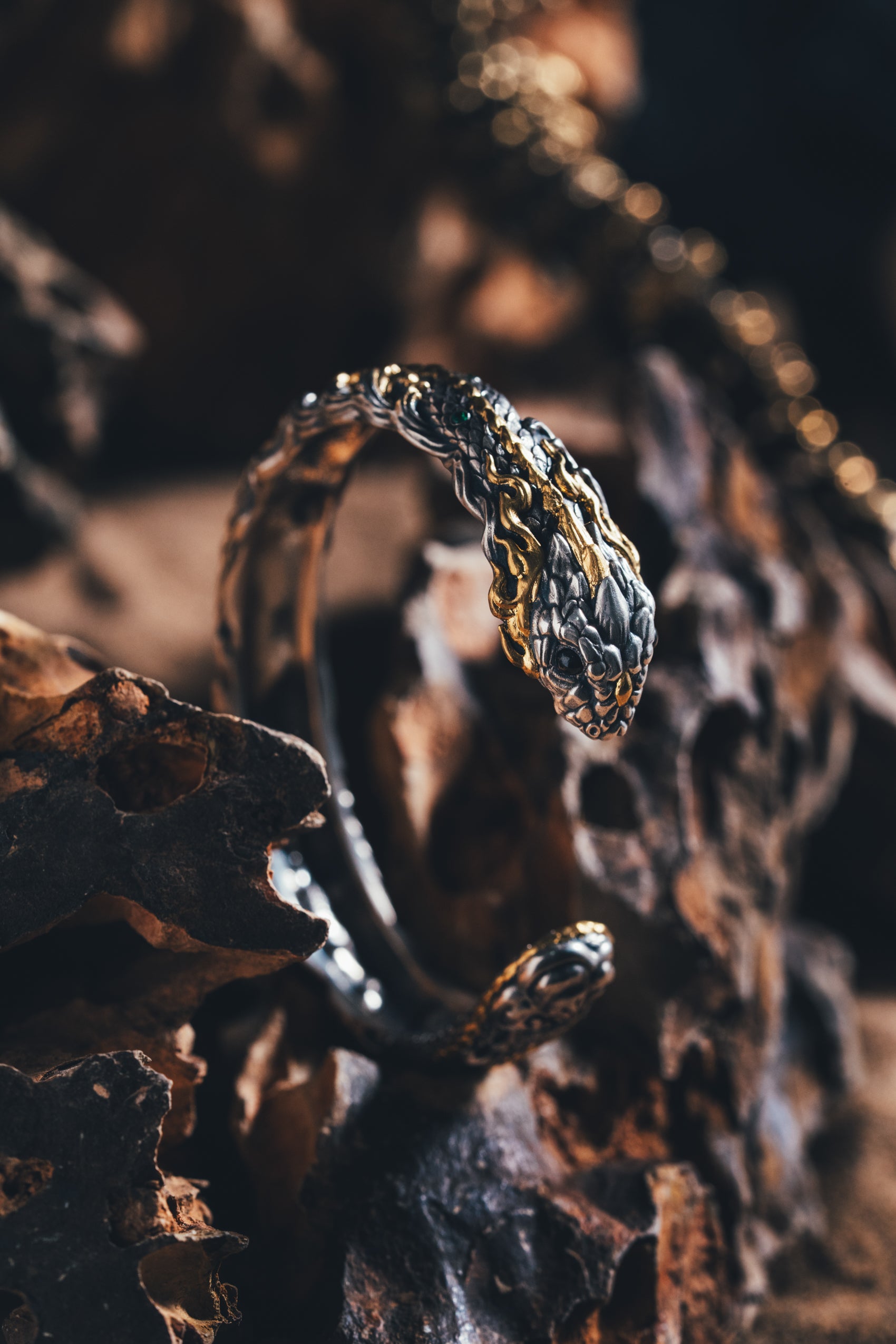 Mystical Serpent Bangle | S925 Sterling Silver with 24K Gold | Handcrafted Snake Amulet | Transformation Jewelry