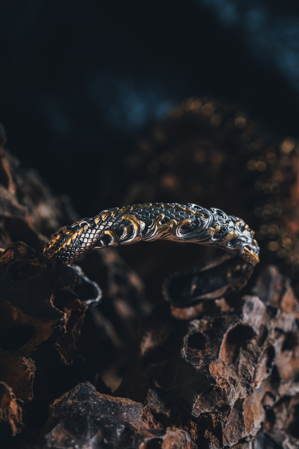 Mystical Serpent Bangle | S925 Sterling Silver with 24K Gold | Handcrafted Snake Amulet | Transformation Jewelry