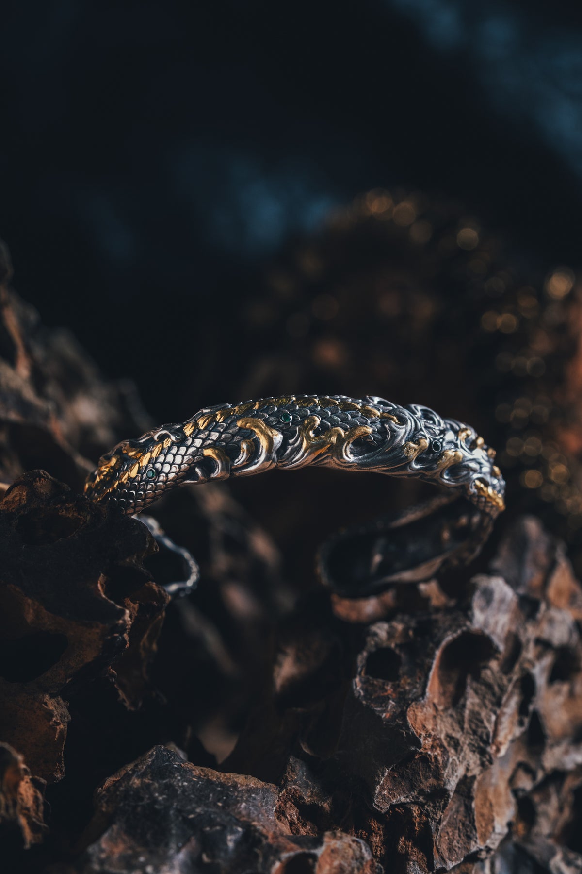 Mystical Serpent Bangle | S925 Sterling Silver with 24K Gold | Handcrafted Snake Amulet | Transformation Jewelry
