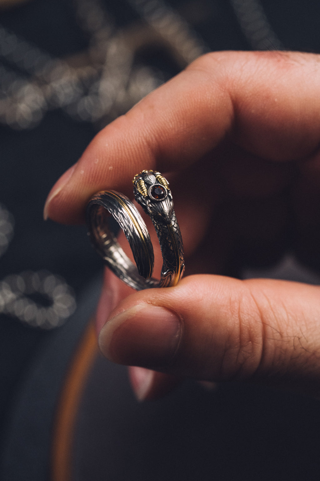 Garuda Garnet Open Ring | S925 Silver & 24K Gold | Buddhist Talisman | Handcrafted Sacred Jewelry