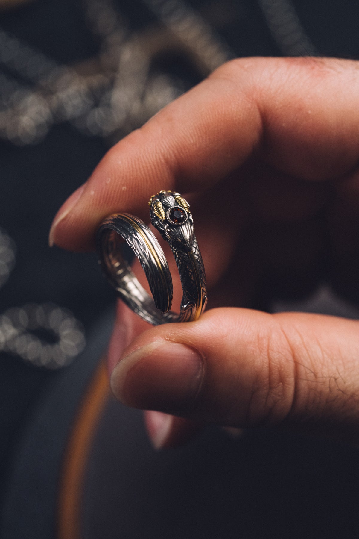Garuda Garnet Open Ring | S925 Silver & 24K Gold | Buddhist Talisman | Handcrafted Sacred Jewelry
