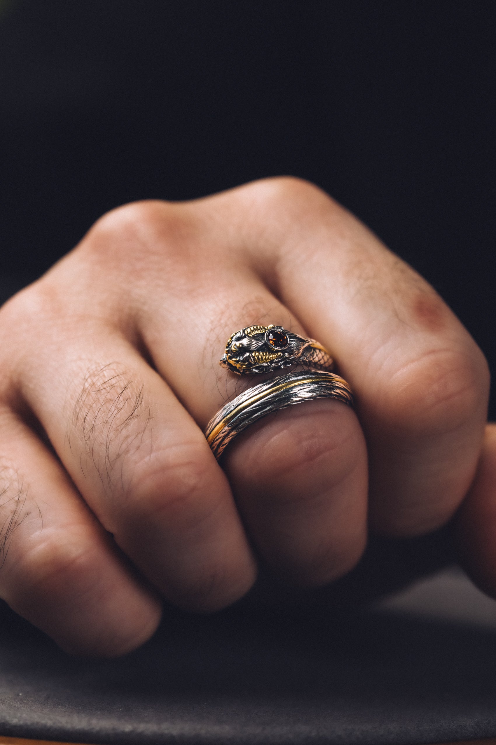 Garuda Garnet Open Ring | S925 Silver & 24K Gold | Buddhist Talisman | Handcrafted Sacred Jewelry