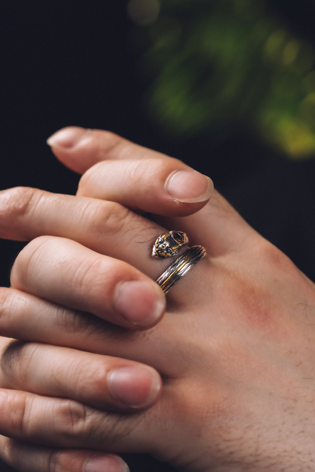 Garuda Garnet Open Ring | S925 Silver & 24K Gold | Buddhist Talisman | Handcrafted Sacred Jewelry