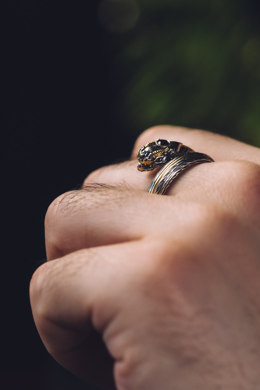 Garuda Garnet Open Ring | S925 Silver & 24K Gold | Buddhist Talisman | Handcrafted Sacred Jewelry