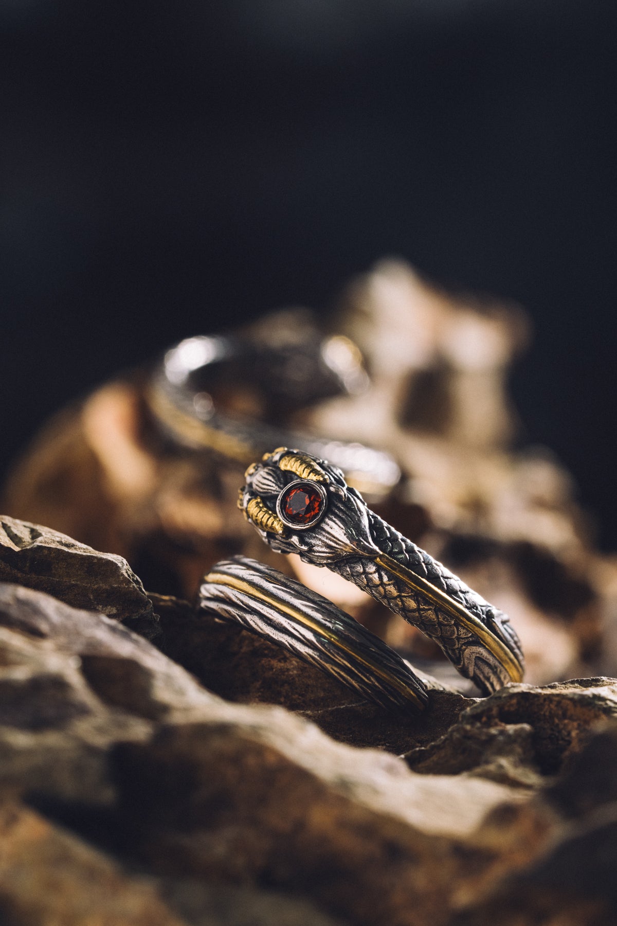 Garuda Garnet Open Ring | S925 Silver & 24K Gold | Buddhist Talisman | Handcrafted Sacred Jewelry