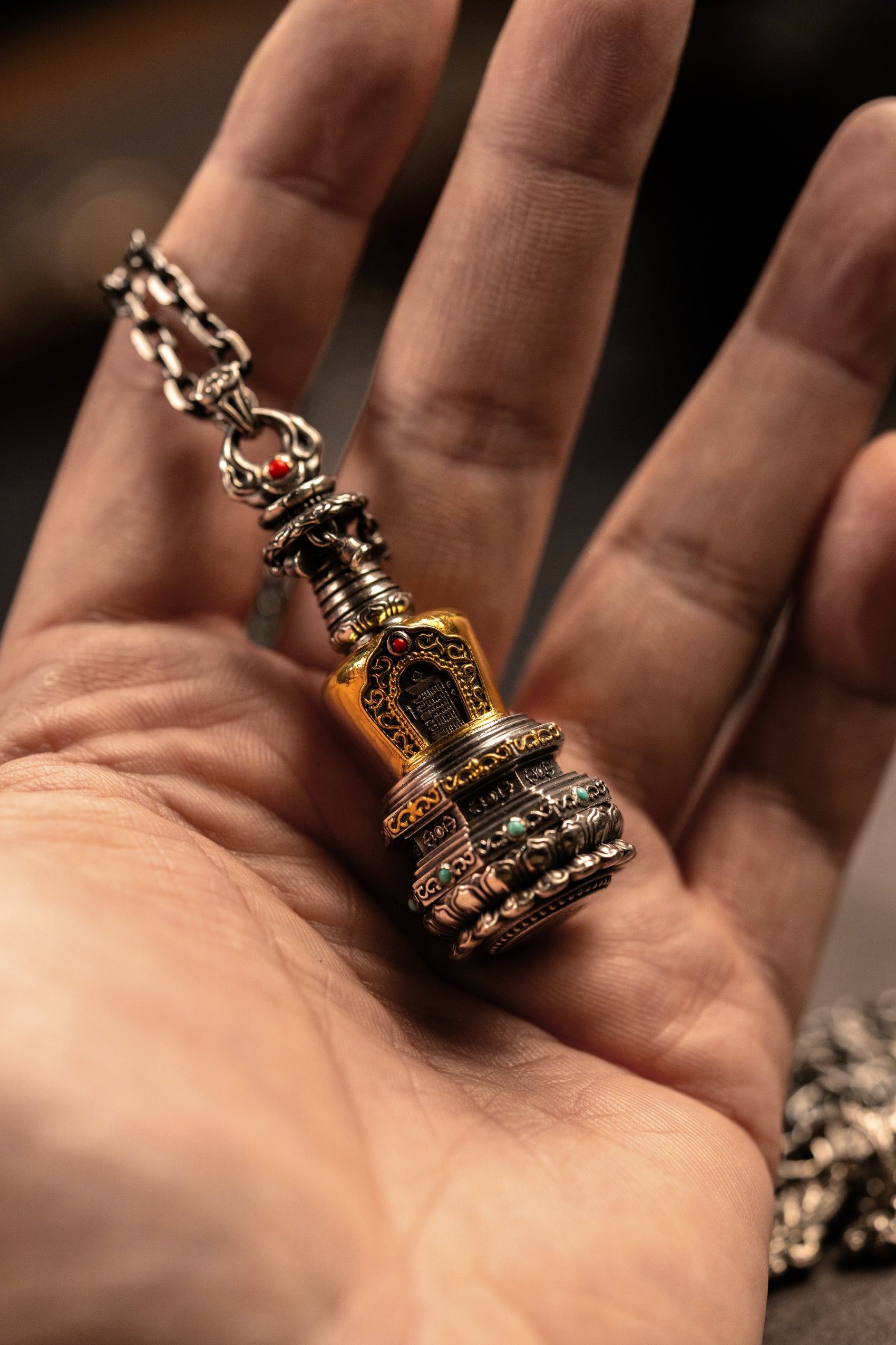 Tibetan Stupa Necklace | S925 Silver with 24K Gold | Rotating Relic Shrine | Handmade Buddhist Amulet