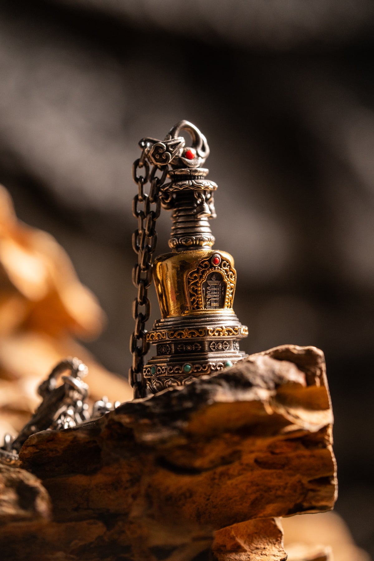 Tibetan Stupa Necklace | S925 Silver with 24K Gold | Rotating Relic Shrine | Handmade Buddhist Amulet