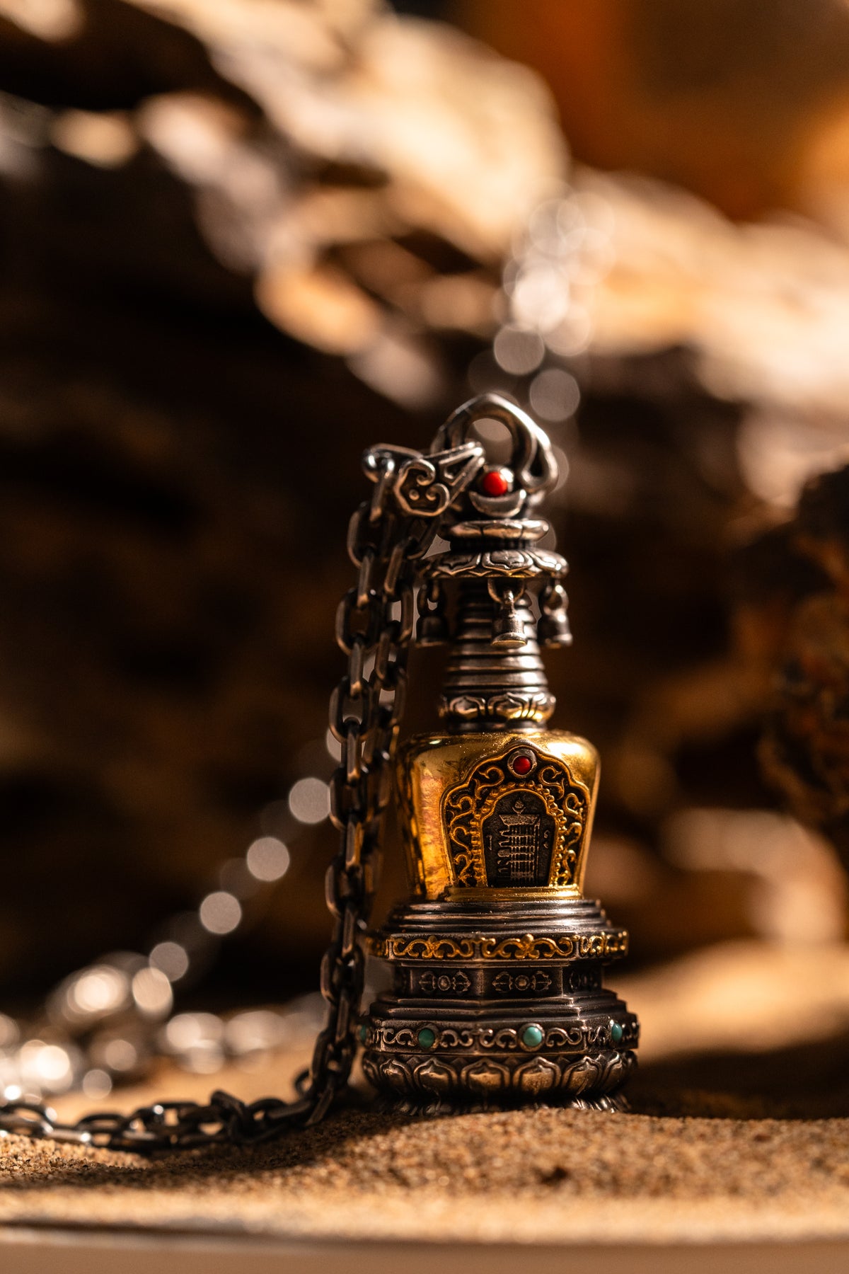 Tibetan Stupa Necklace | S925 Silver with 24K Gold | Rotating Relic Shrine | Handmade Buddhist Amulet