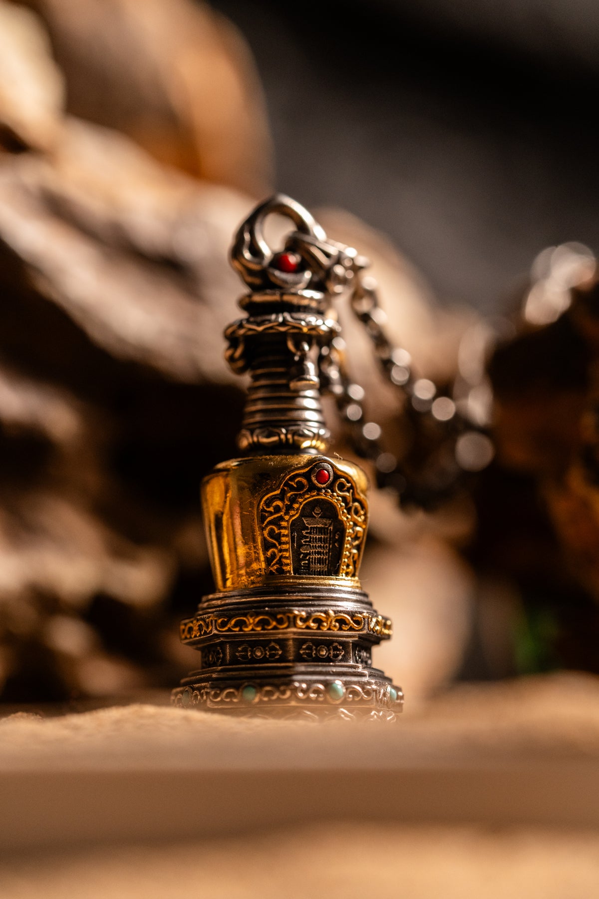 Tibetan Stupa Necklace | S925 Silver with 24K Gold | Rotating Relic Shrine | Handmade Buddhist Amulet