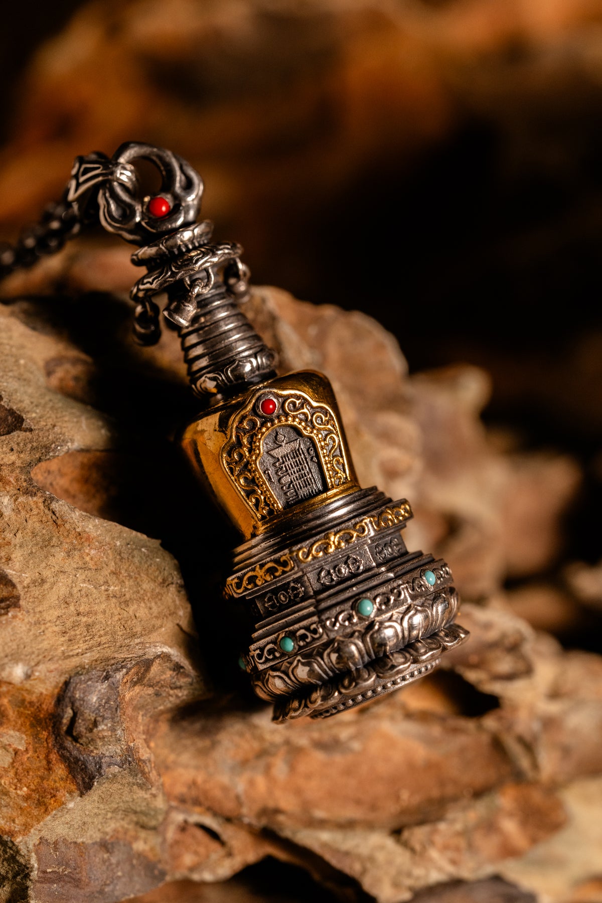 Tibetan Stupa Necklace | S925 Silver with 24K Gold | Rotating Relic Shrine | Handmade Buddhist Amulet