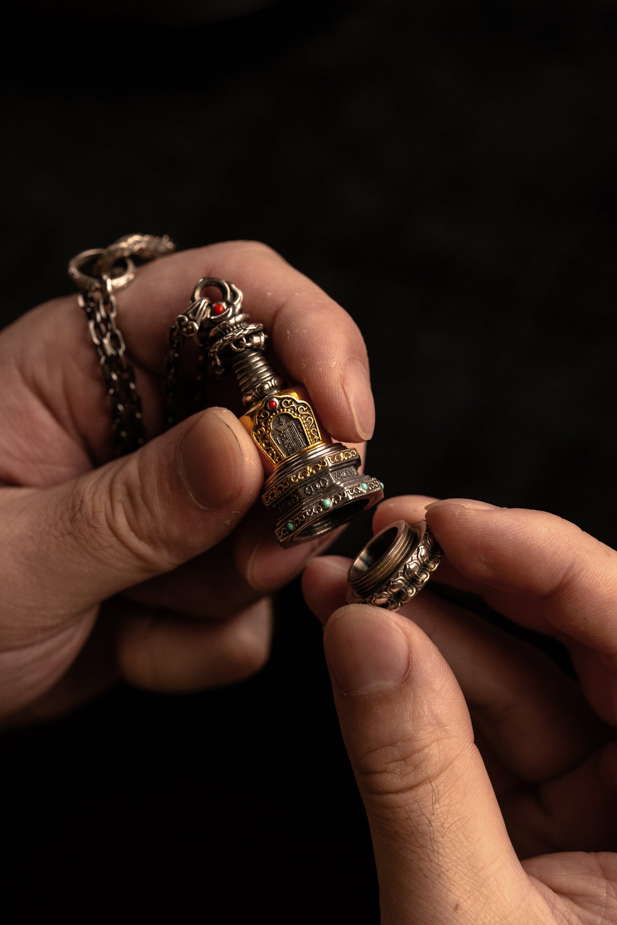 Tibetan Stupa Necklace | S925 Silver with 24K Gold | Rotating Relic Shrine | Handmade Buddhist Amulet
