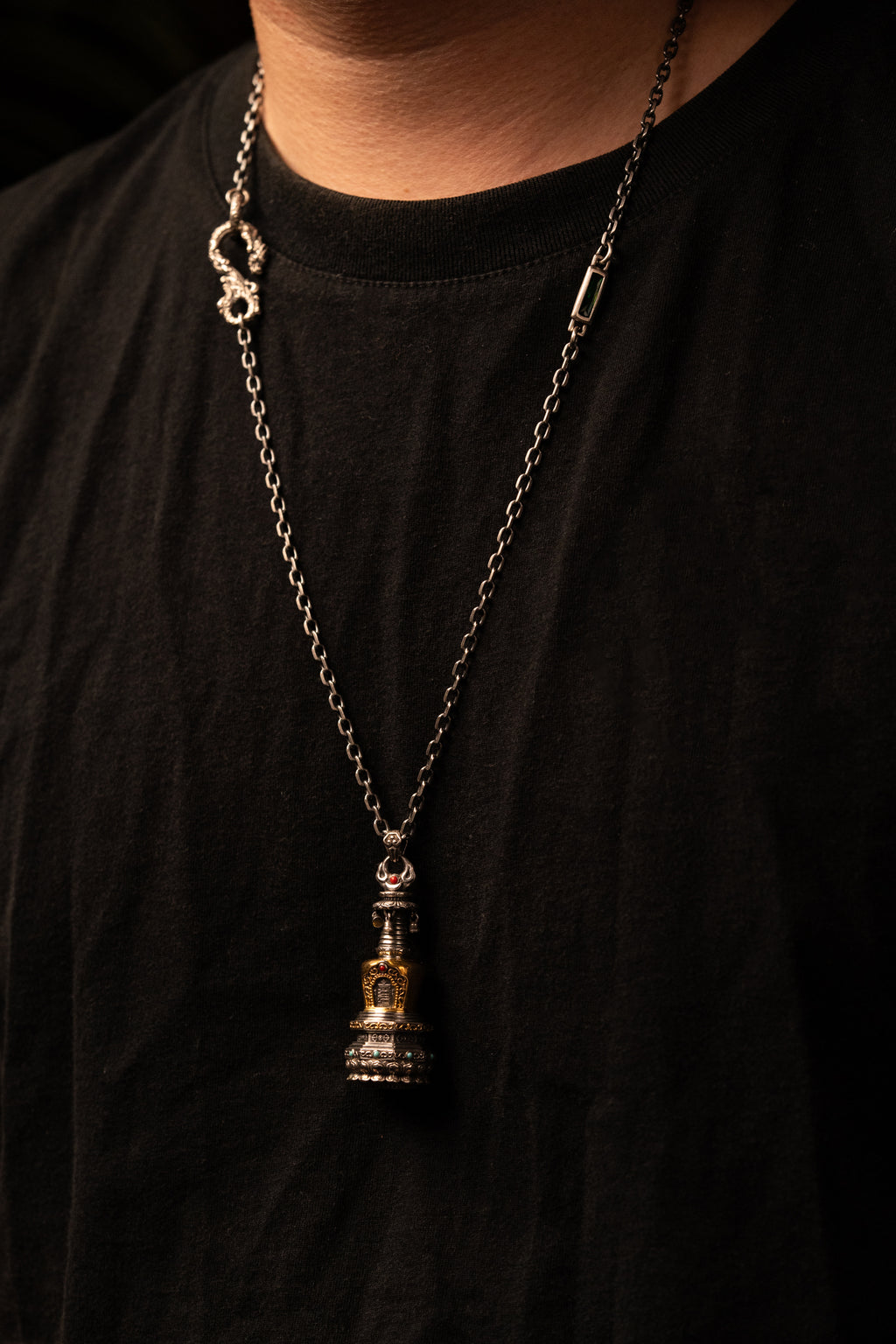 Tibetan Stupa Necklace | S925 Silver with 24K Gold | Rotating Relic Shrine | Handmade Buddhist Amulet