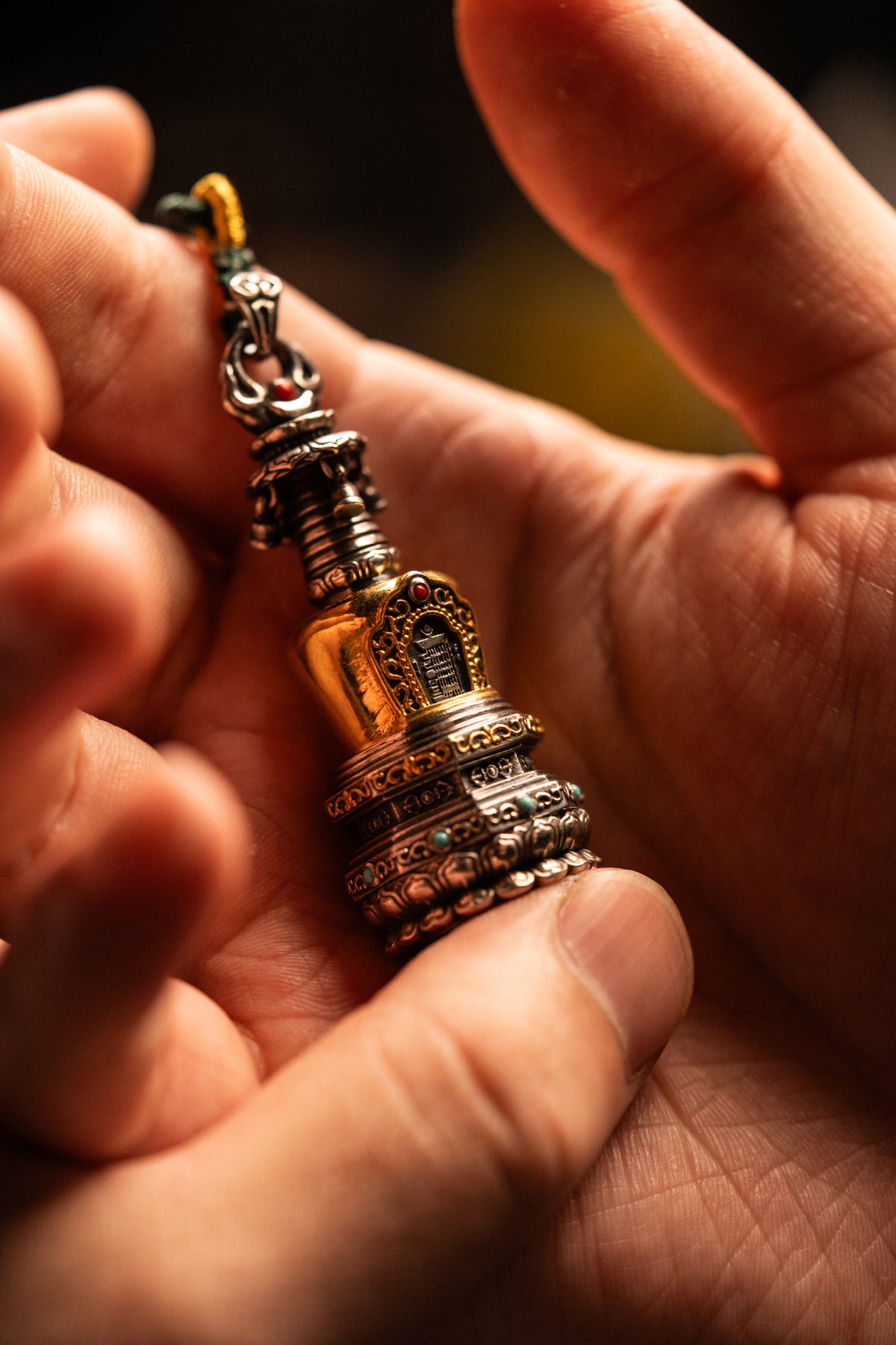 Tibetan Stupa Necklace | S925 Silver with 24K Gold | Rotating Relic Shrine | Handmade Buddhist Amulet