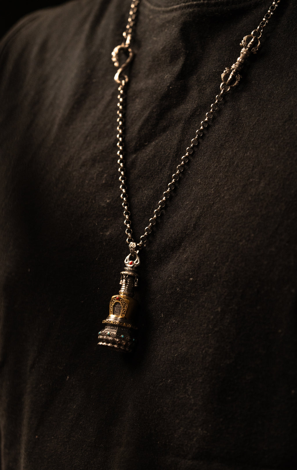 Tibetan Stupa Necklace | S925 Silver with 24K Gold | Rotating Relic Shrine | Handmade Buddhist Amulet