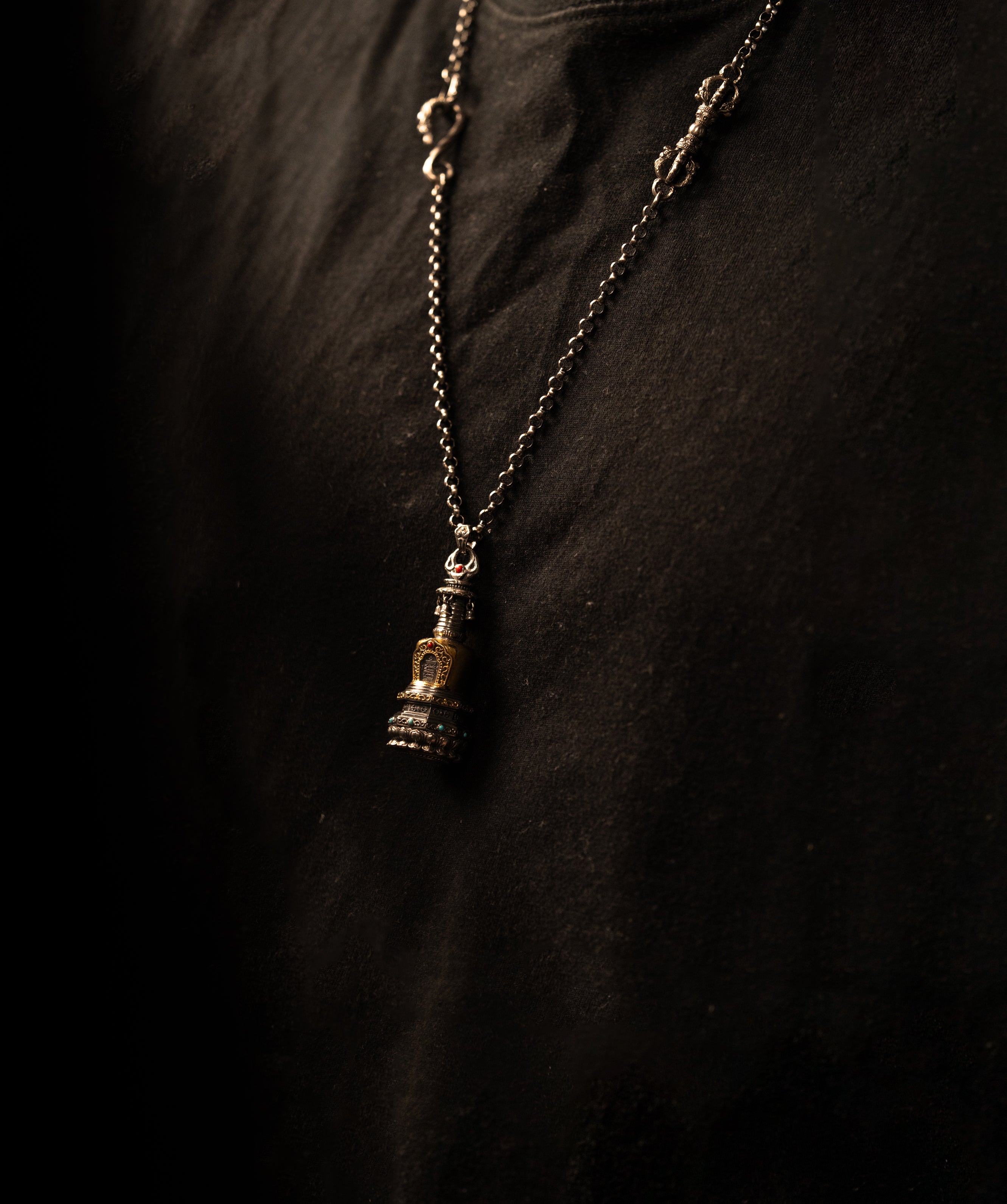 Tibetan Stupa Necklace | S925 Silver with 24K Gold | Rotating Relic Shrine | Handmade Buddhist Amulet